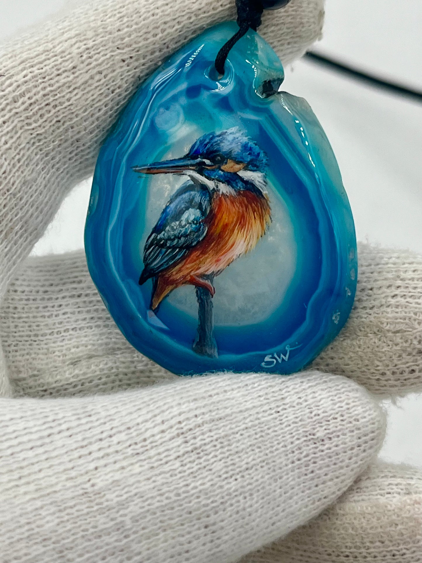 Einzigartige Anhänger /Der Eisvogel/Achat/Hand bemalt Juwelen und tragbare Kunst /Natur Schmuck