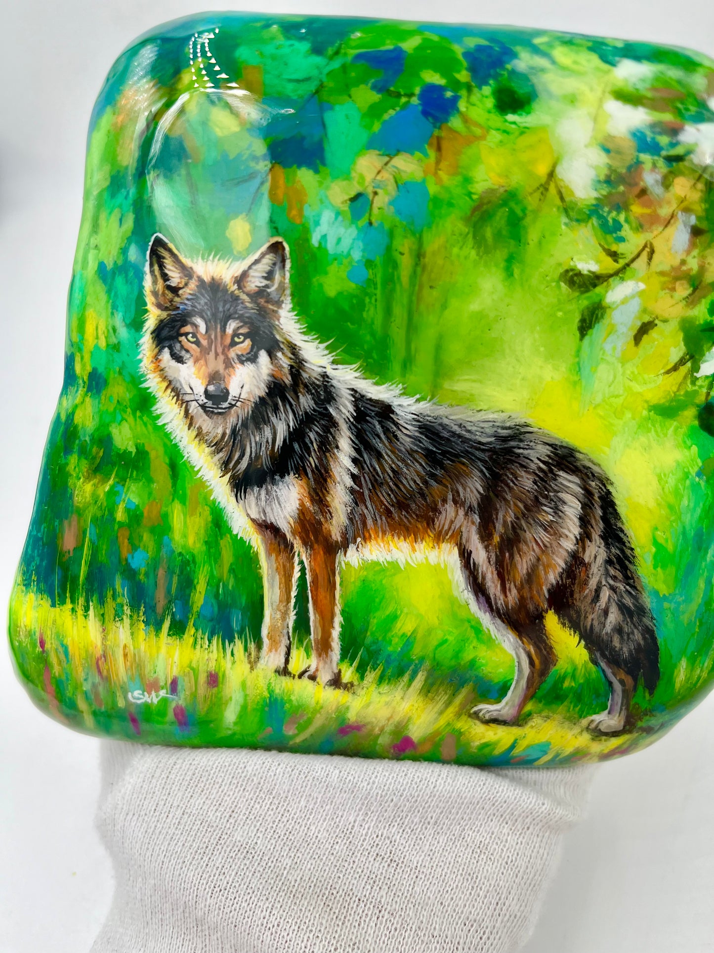 Einzigartig handbemalte Stein/der Wolf /inklusive Tischstaffelei