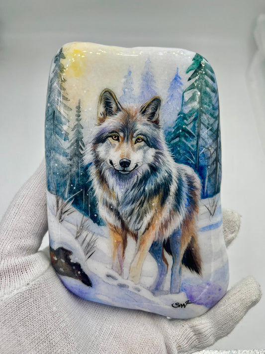 Einzigartig handbemalte Stein-Winter Motiv / der Wolf -inklusive Tischstaffelei