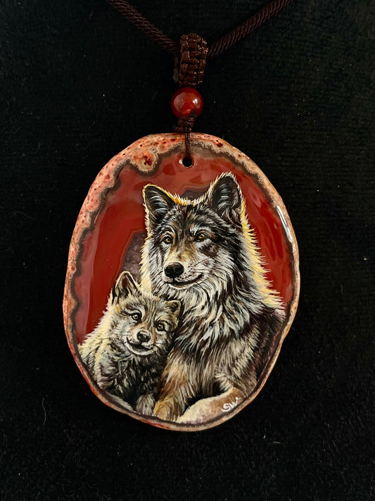 Einzigartige Anhänger /Wolfs Mama und KindAchat/Hand bemalt Juwelen und tragbare Kunst /Natur Schmuck