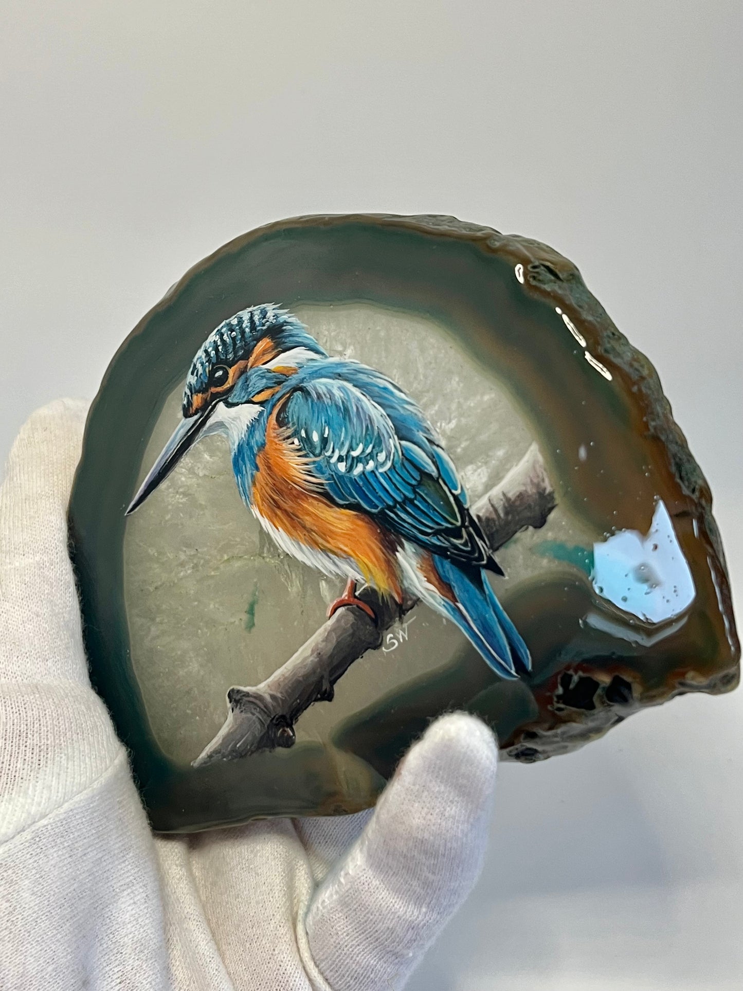 Einzigartige handbemalte Achatscheibe /der Eisvogel/ink.Metallständer