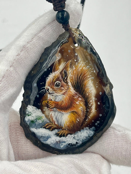 Einzigartige Anhänger /Das Eichhörnchen/Achat/Hand bemalt Juwelen und tragbare Kunst /Natur Schmuck