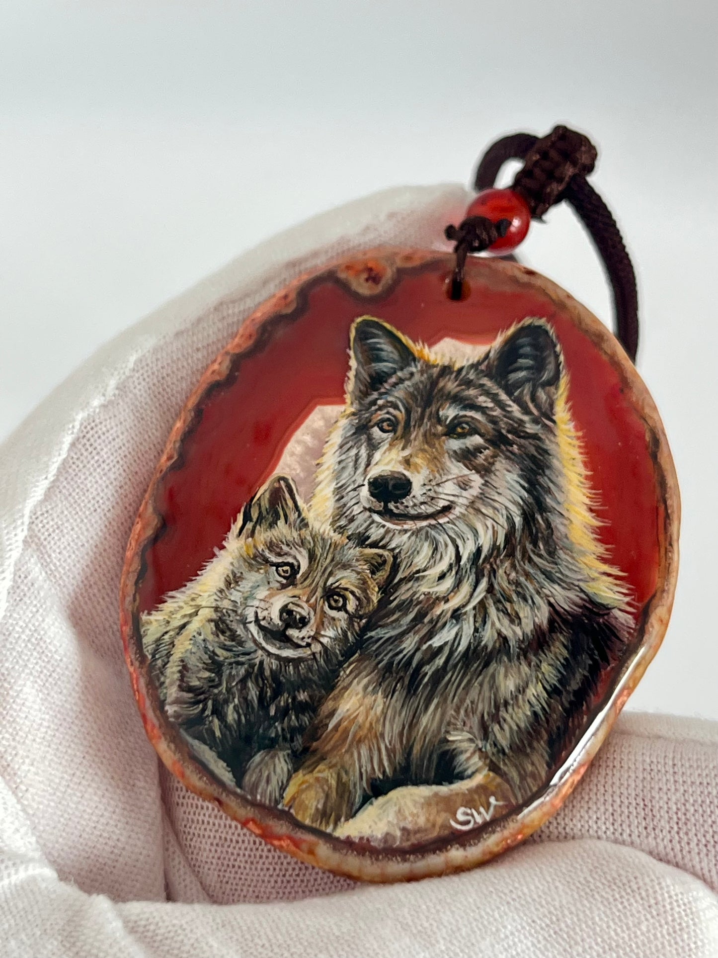 Einzigartige Anhänger /Wolfs Mama und KindAchat/Hand bemalt Juwelen und tragbare Kunst /Natur Schmuck