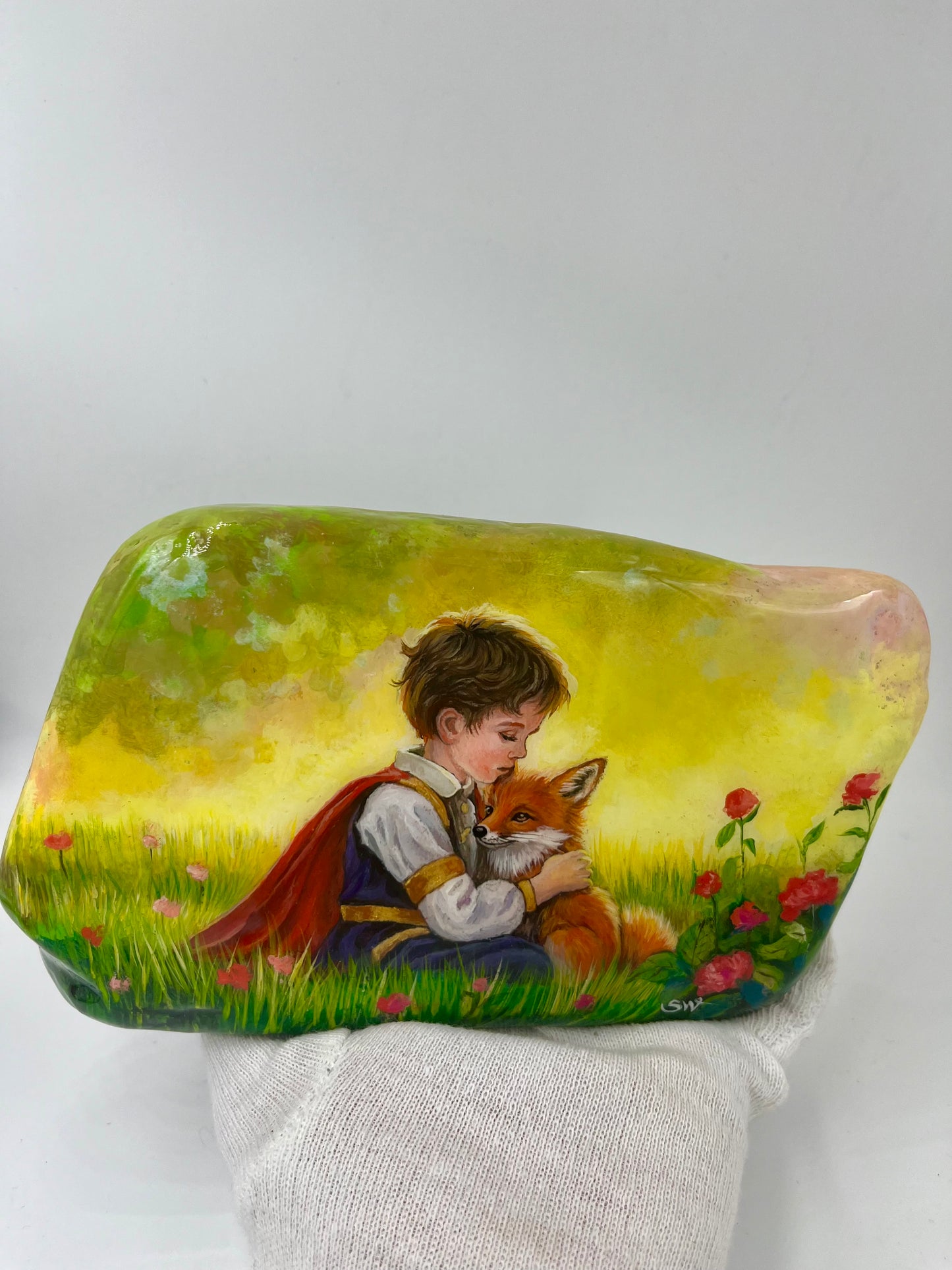 Einzigartig handbemalte Stein/der Der kleine Prinz und der Fuchs /inklusive Tischstaffelei