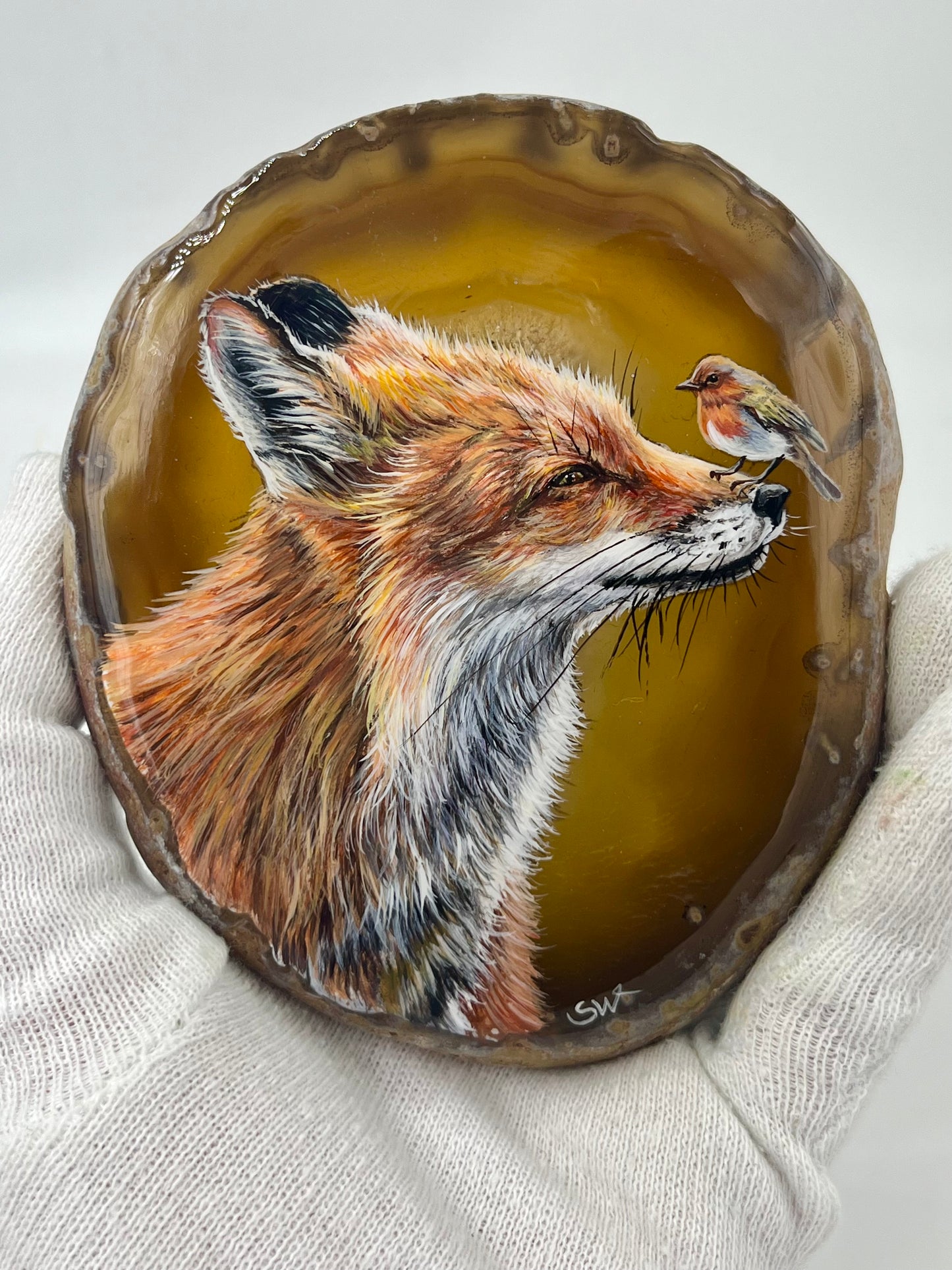 Einzigartige bemalt Achatscheibe/der Fuchs und der Vogel/Hand bemalt /Deko/Tierpotrait/ink.Metallständer