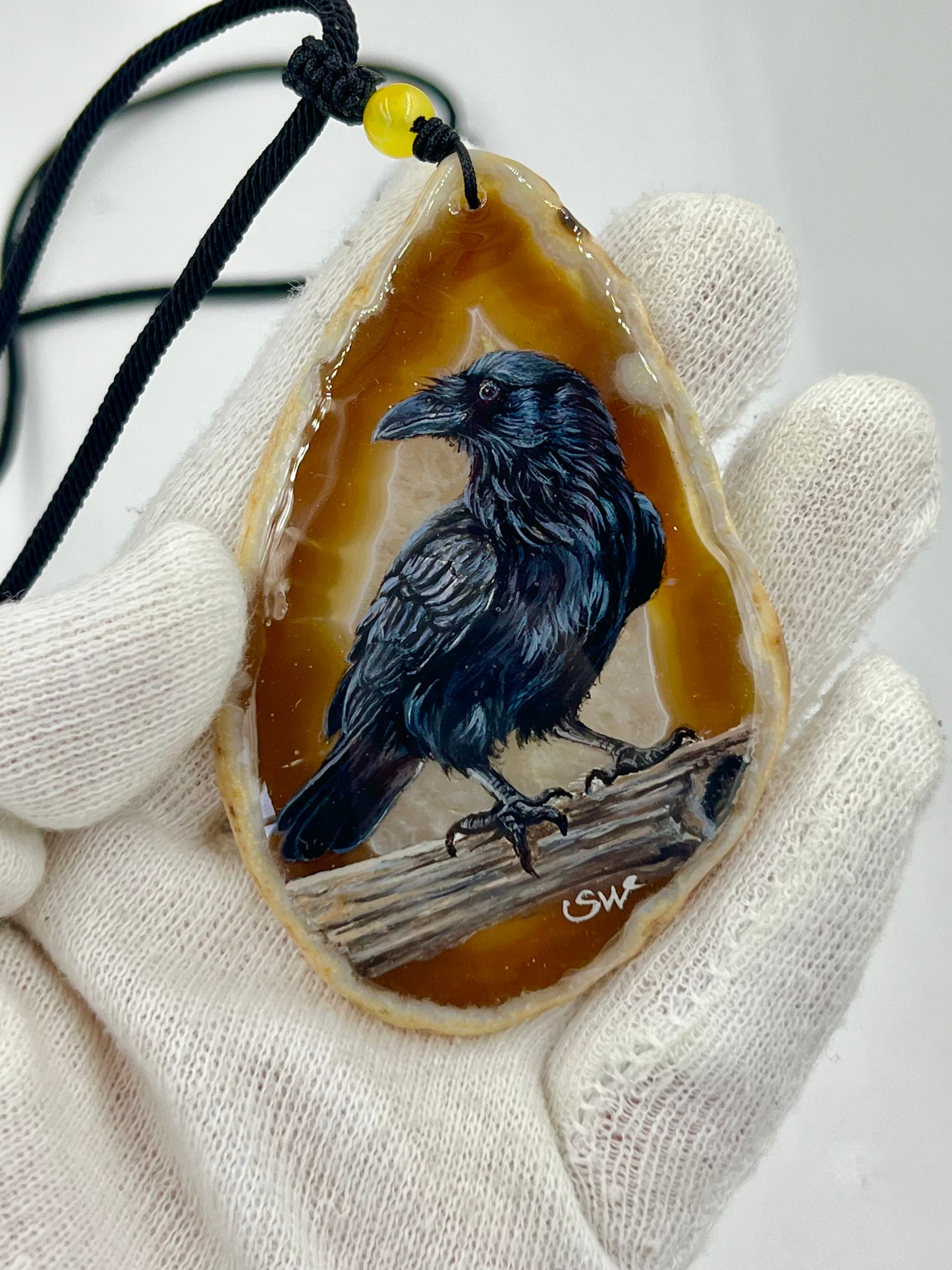 Einzigartige Anhänger /Die Krähe/Achat/Hand bemalt Juwelen und tragbare Kunst /Natur Schmuck