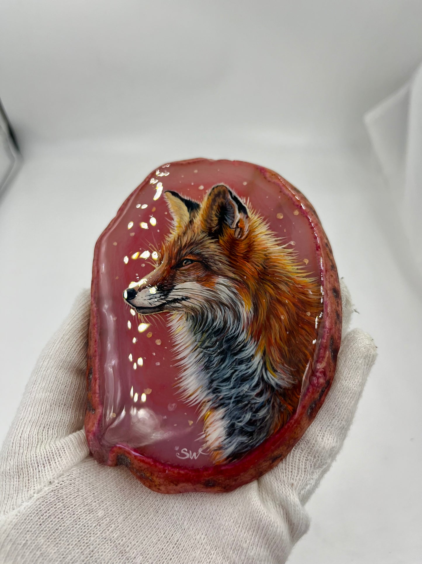 Einzigartige bemalt Achatscheibe/Der Fuchs /Hand bemalt /Deko/Tierpotrait/ink.Metallständer