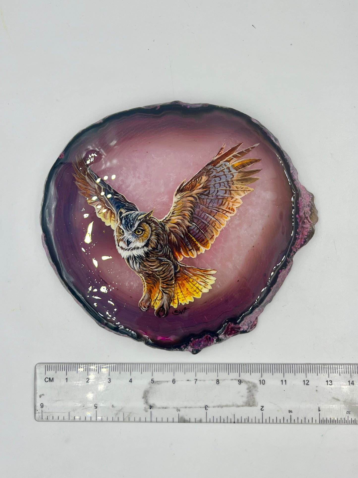 Einzigartige bemalt Achatscheibe/Der Eule /Hand bemalt /Deko/Tierpotrait/ink.Metallständer