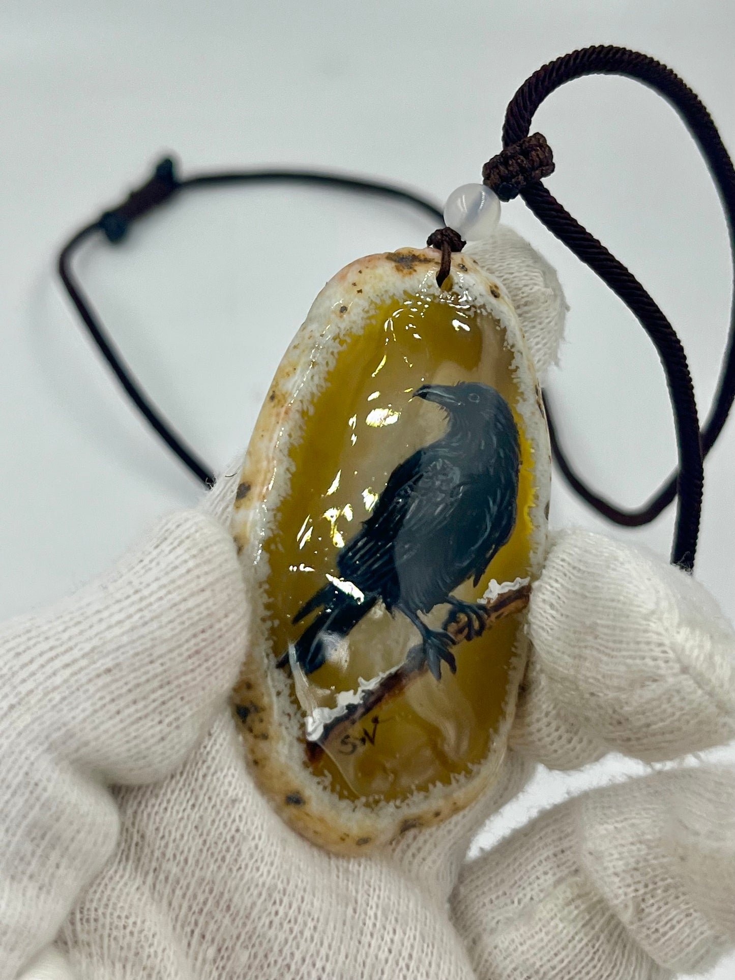 Einzigartige Anhänger /Die Krähe/Achat/Hand bemalt Juwelen und tragbare Kunst /Natur Schmuck