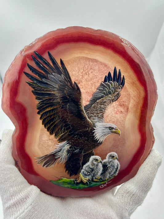 Einzigartige bemalt Achatscheibe/Der Adler und seine zwei Kinder/Hand bemalt /Deko/Tierpotrait/ink.Metallständer