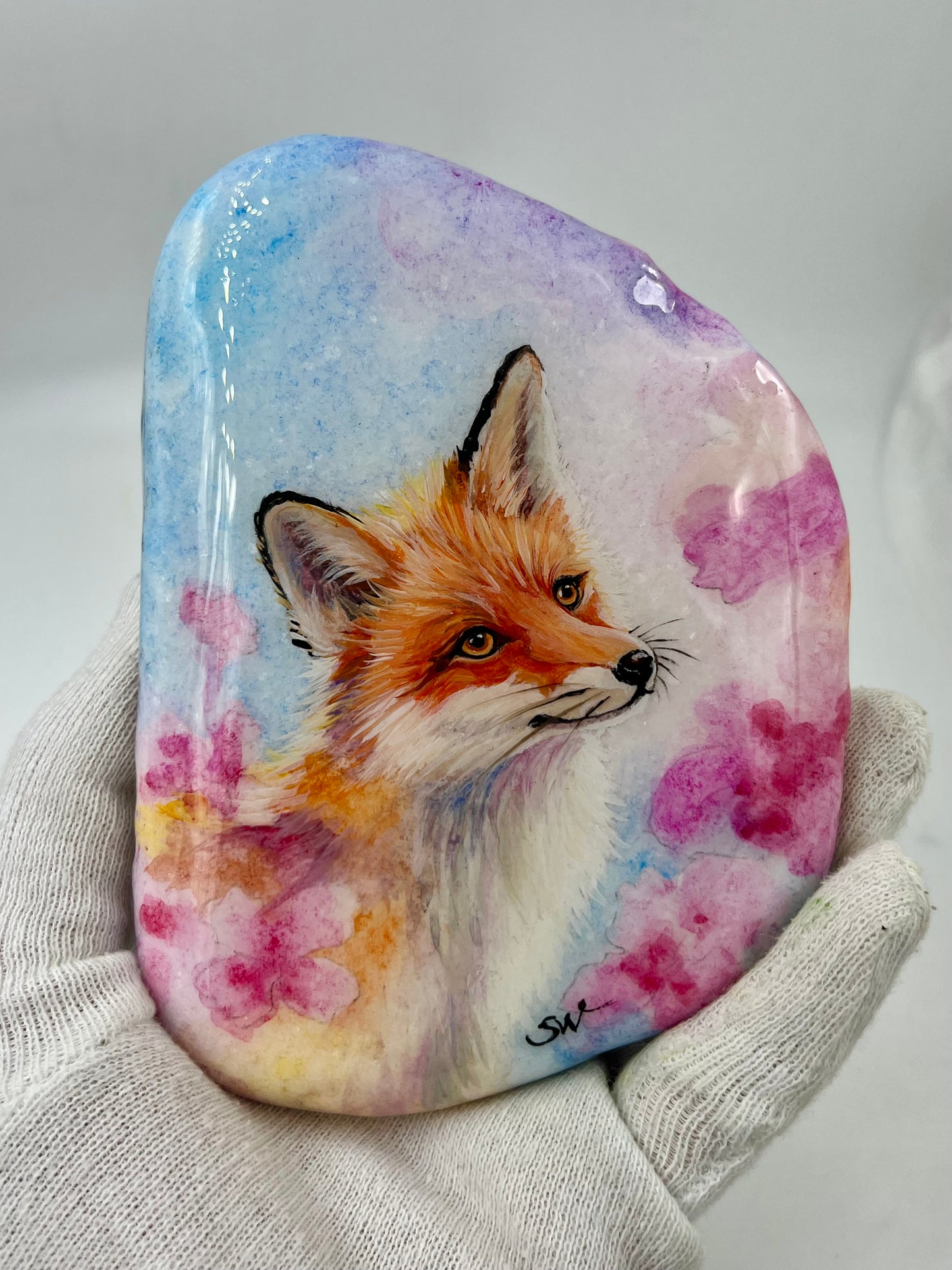 Einzigartig handbemalte Stein-der Fuchs /inklusive Tischstaffelei