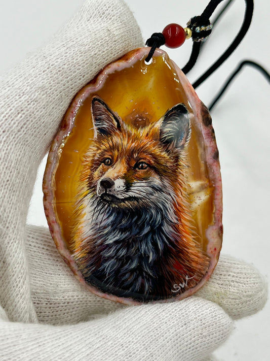 Einzigartige Anhänger /Der Fuchs /Achat/Hand bemalt Juwelen und tragbare Kunst /Natur Schmuck