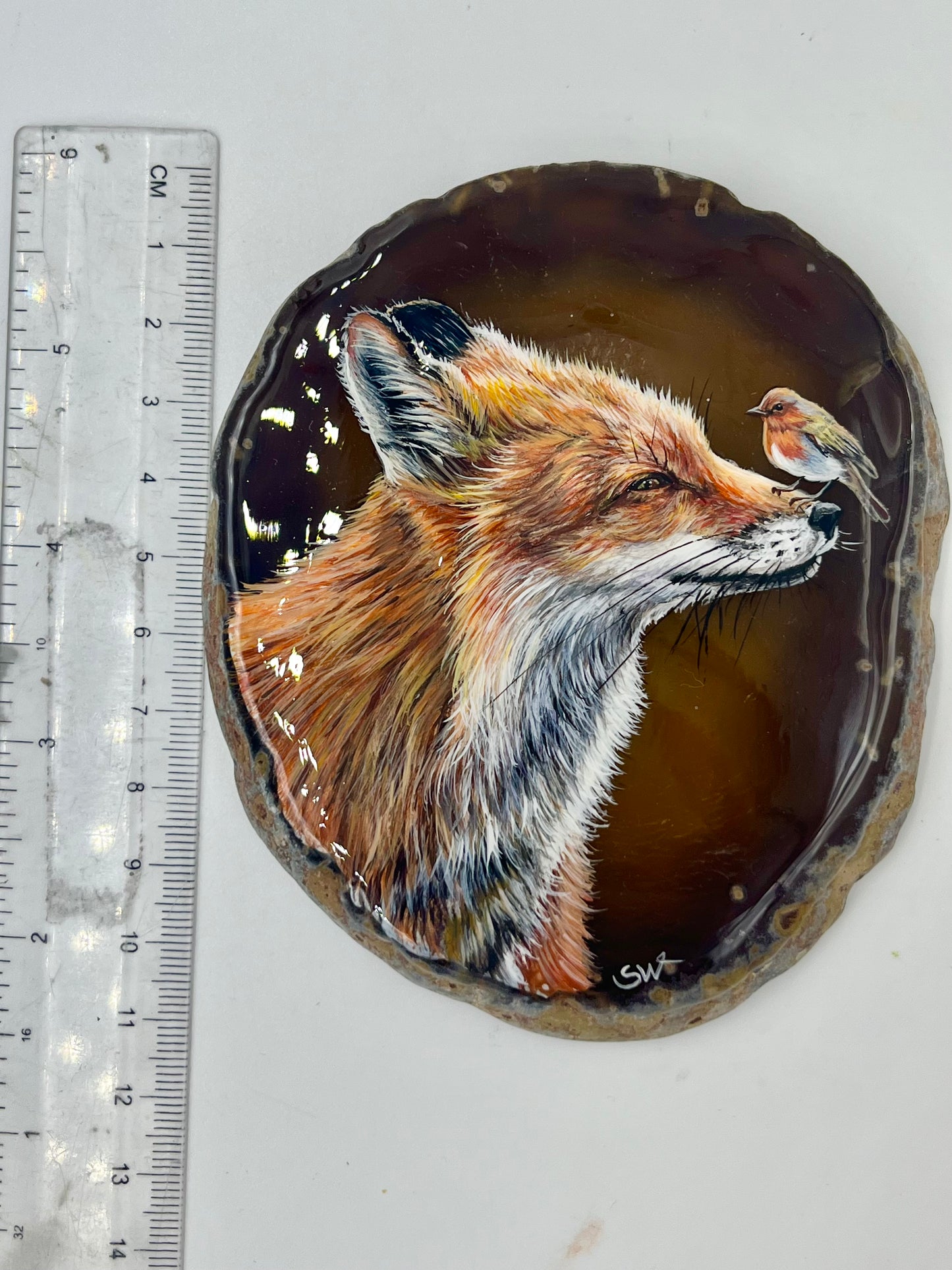 Einzigartige bemalt Achatscheibe/der Fuchs und der Vogel/Hand bemalt /Deko/Tierpotrait/ink.Metallständer