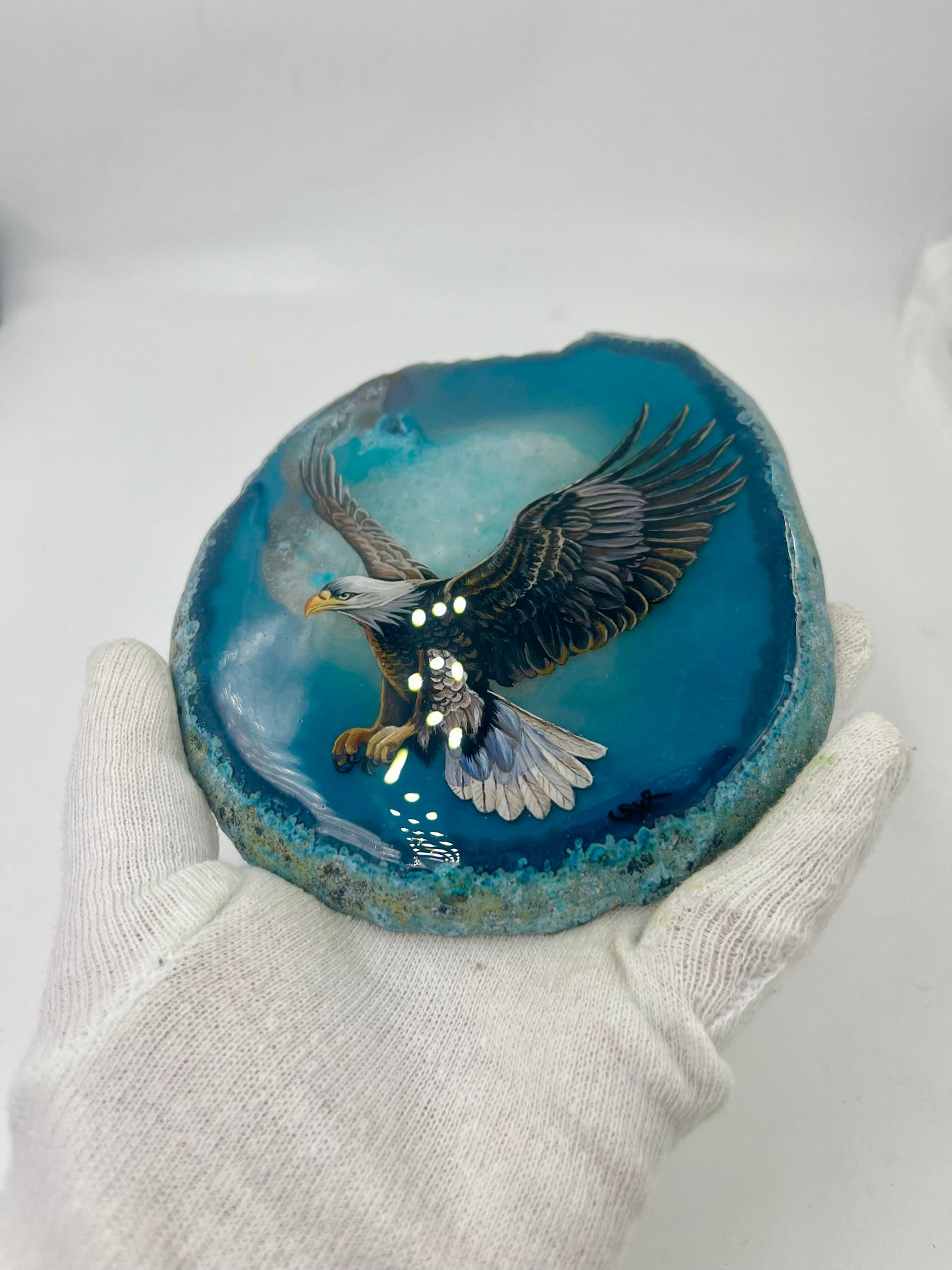 Einzigartige handbemalte Achatscheibe /der Adler/ink.Metallständer