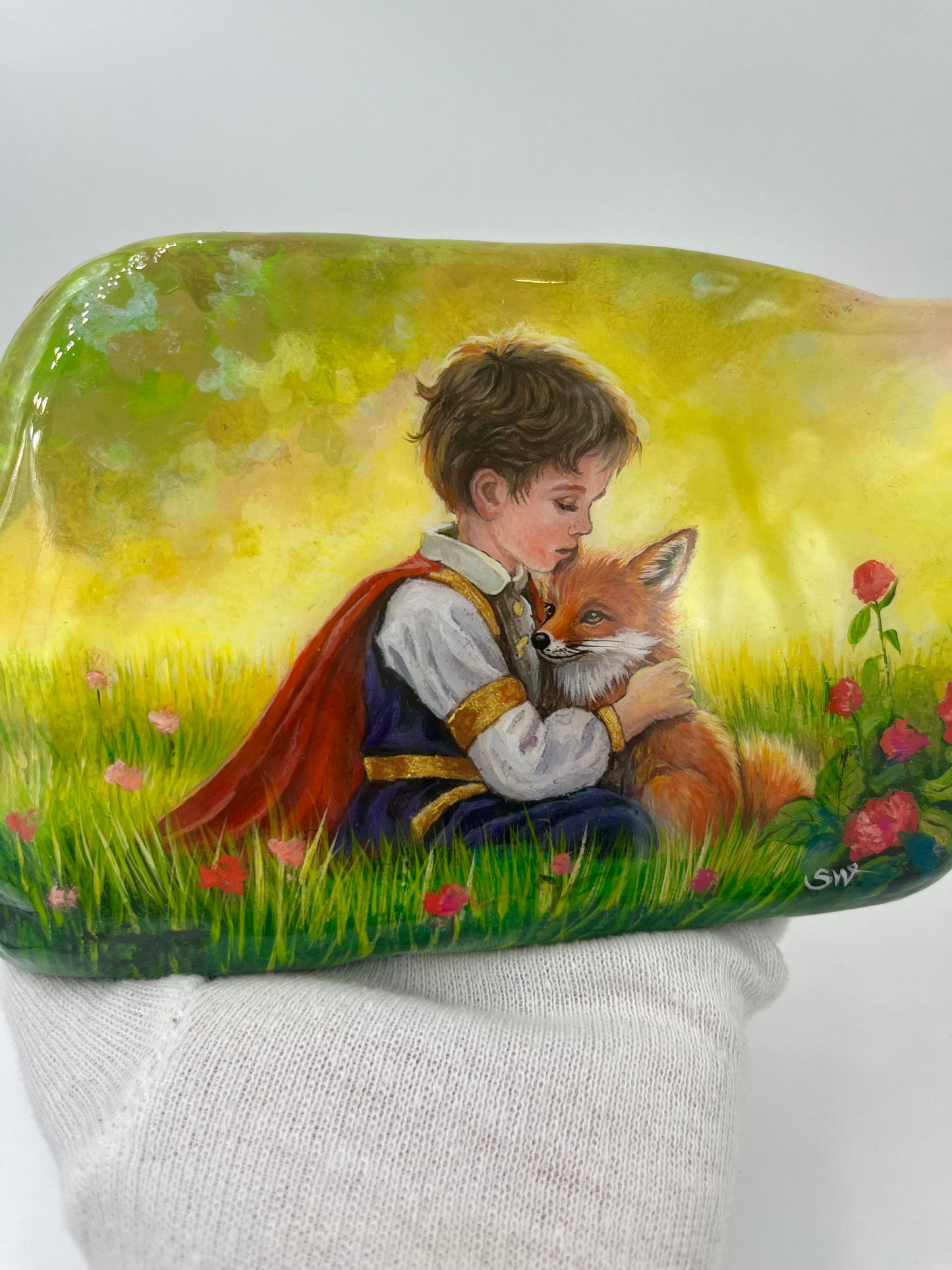 Einzigartig handbemalte Stein/der Der kleine Prinz und der Fuchs /inklusive Tischstaffelei