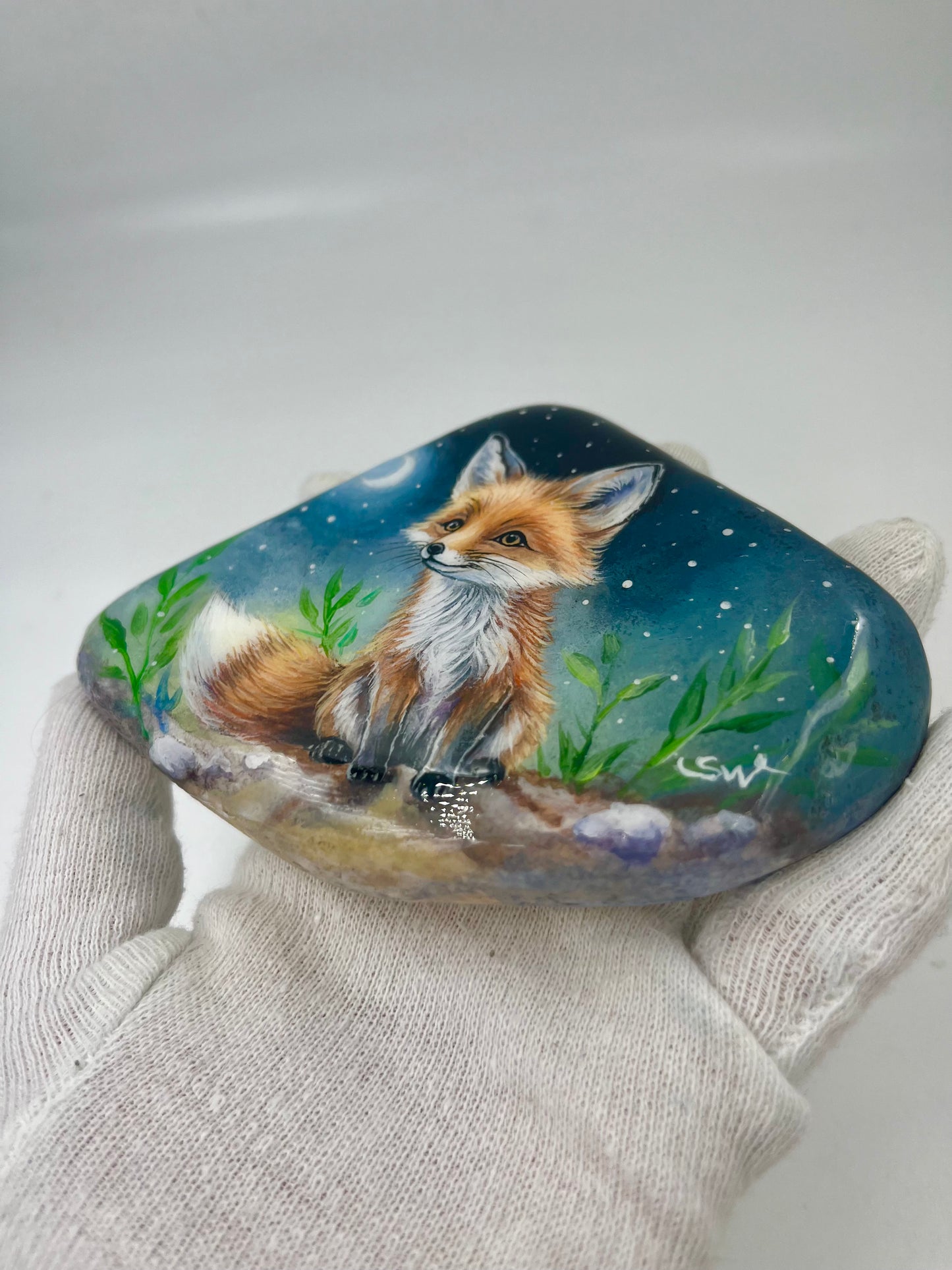 Einzigartig handbemalte Stein-der Fuchs/inklusive Tischstaffelei