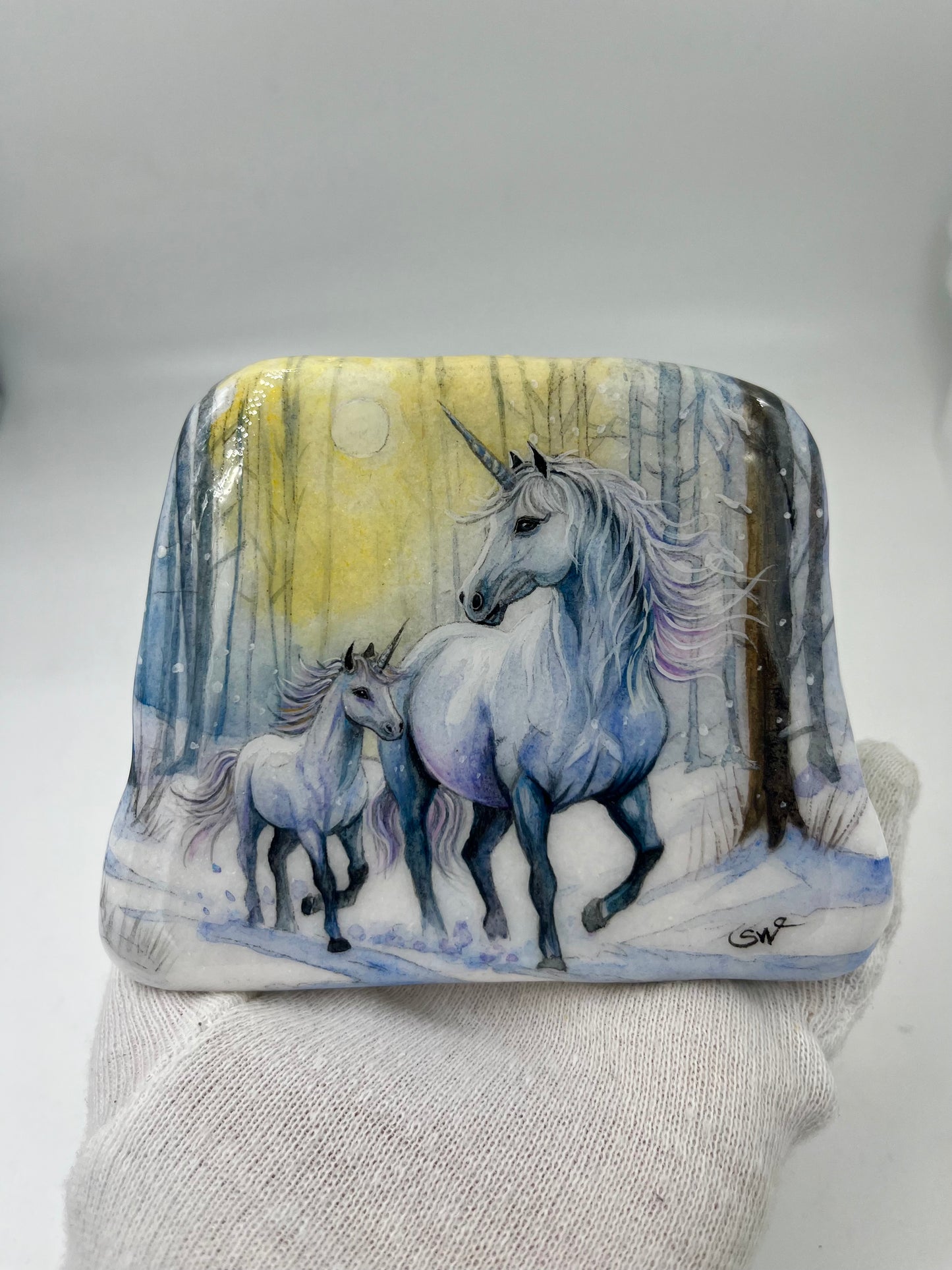 Einzigartig handbemalte Stein-die Einhorn Mama und Kind -inklusive Tischstaffelei