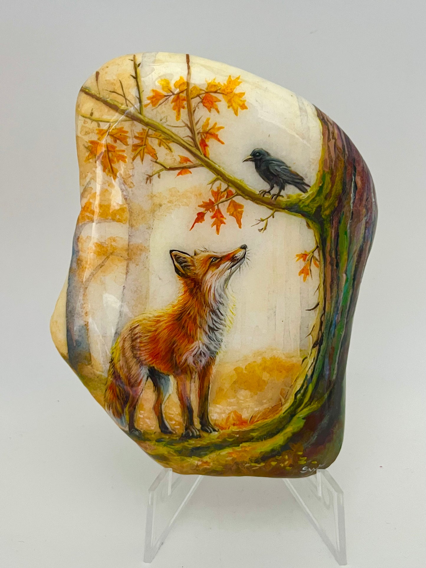 Einzigartig handbemalte Stein/Der Fuchs und der Rabe/inklusive Tischstaffele
