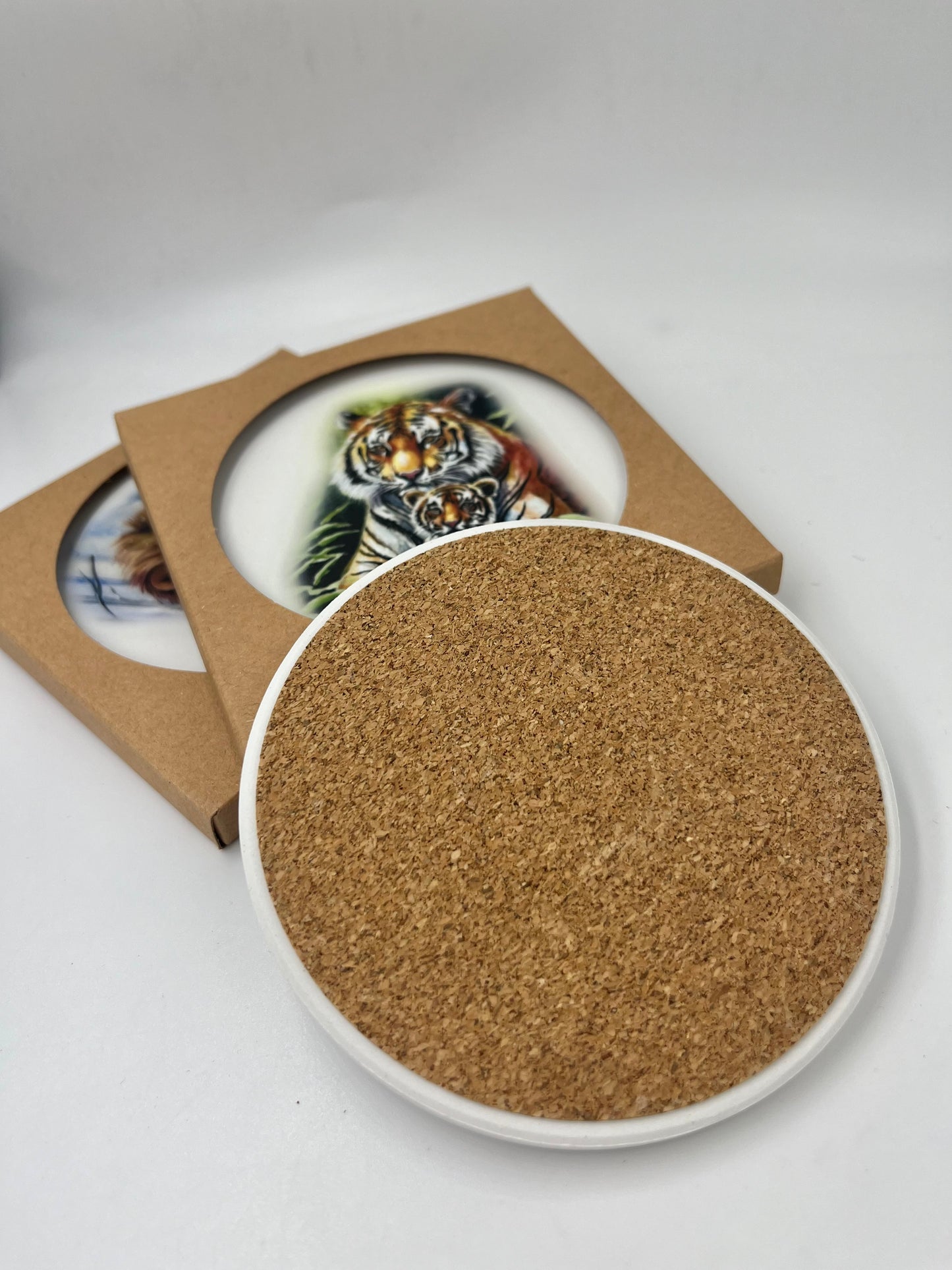 Keramikuntersetzer/ Luchs Mamaund Kinder / Keramik Dolomit und Kork/ Kunstdruck