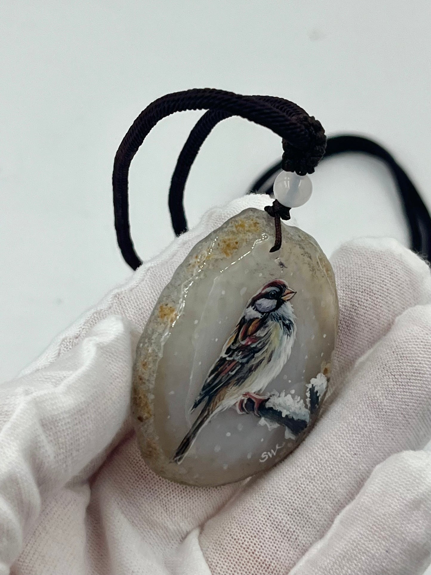 Einzigartige Anhänger /Der Spatz/Achat/Hand bemalt Juwelen und tragbare Kunst /Natur Schmuck