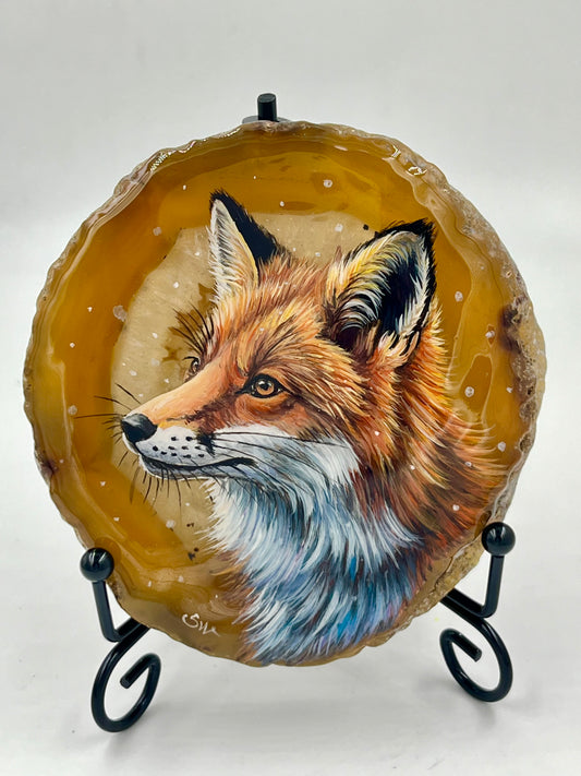 Einzigartige bemalt Achatscheibe/Der Fuchs /Hand bemalt /Deko/Tierpotrait/ink.Metallständer