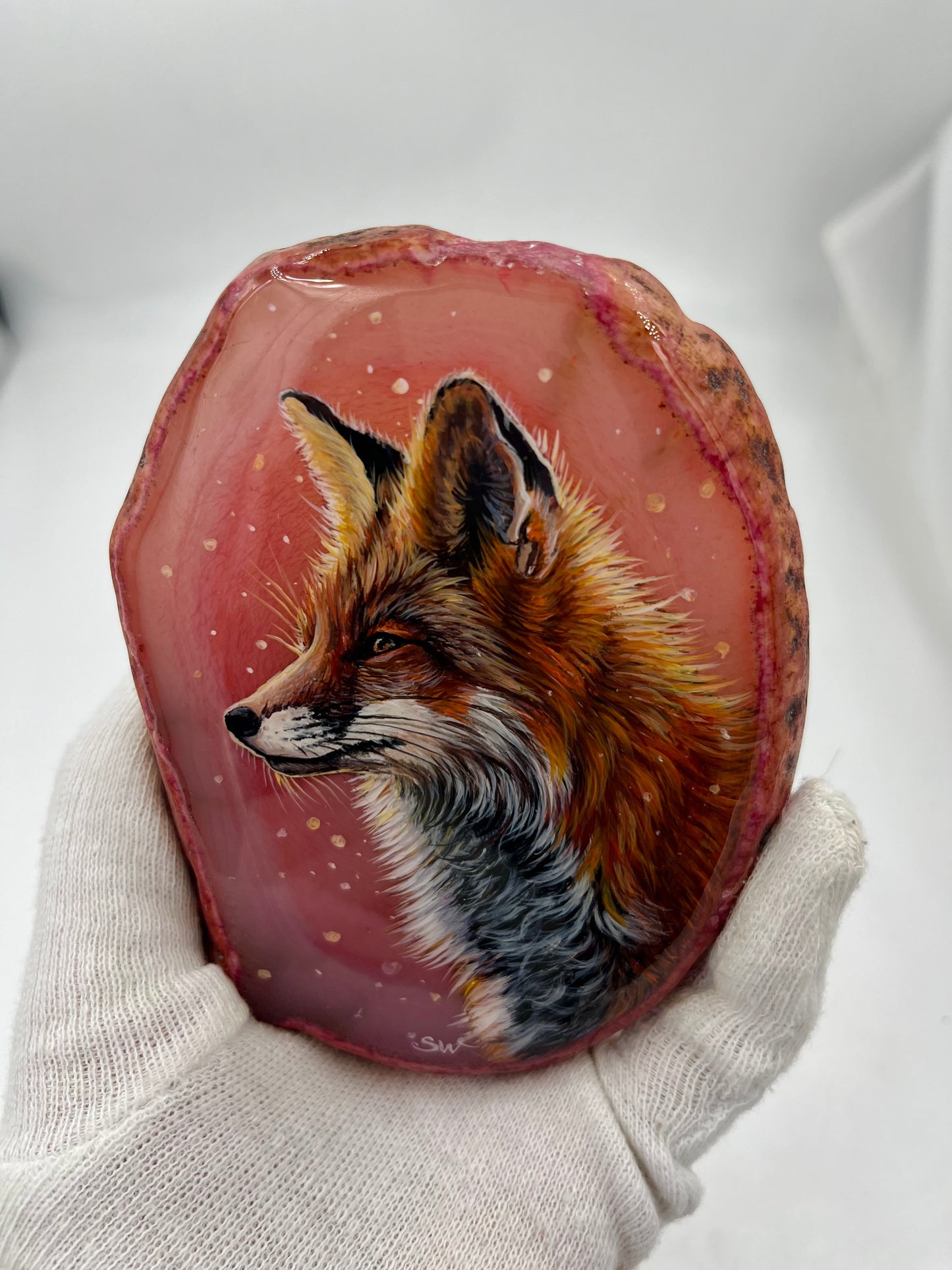 Einzigartige bemalt Achatscheibe/Der Fuchs /Hand bemalt /Deko/Tierpotrait/ink.Metallständer