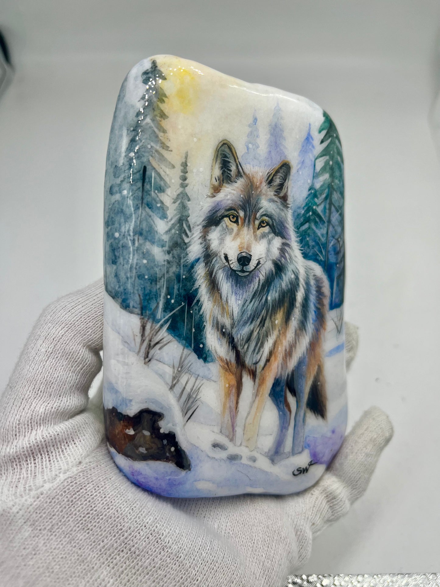 Einzigartig handbemalte Stein-Winter Motiv / der Wolf -inklusive Tischstaffelei