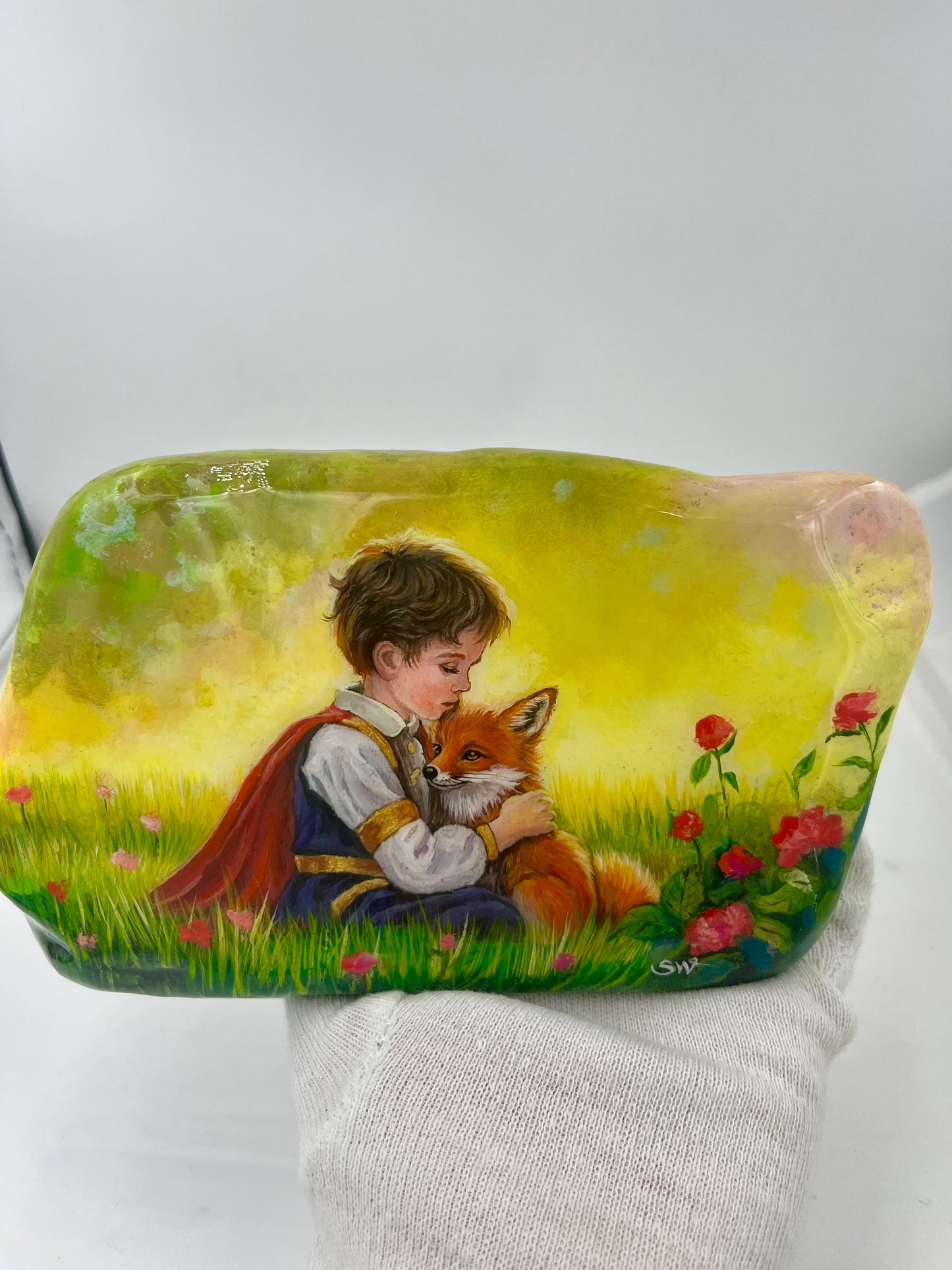 Einzigartig handbemalte Stein/der Der kleine Prinz und der Fuchs /inklusive Tischstaffelei