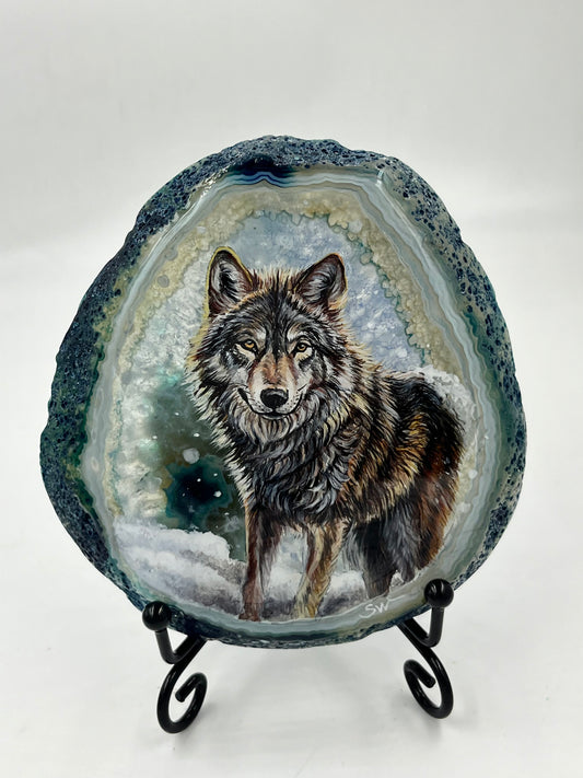 Einzigartige bemalt Achatscheibe/Der Wolf /Hand bemalt /Deko/Tierpotrait/ink.Metallständer
