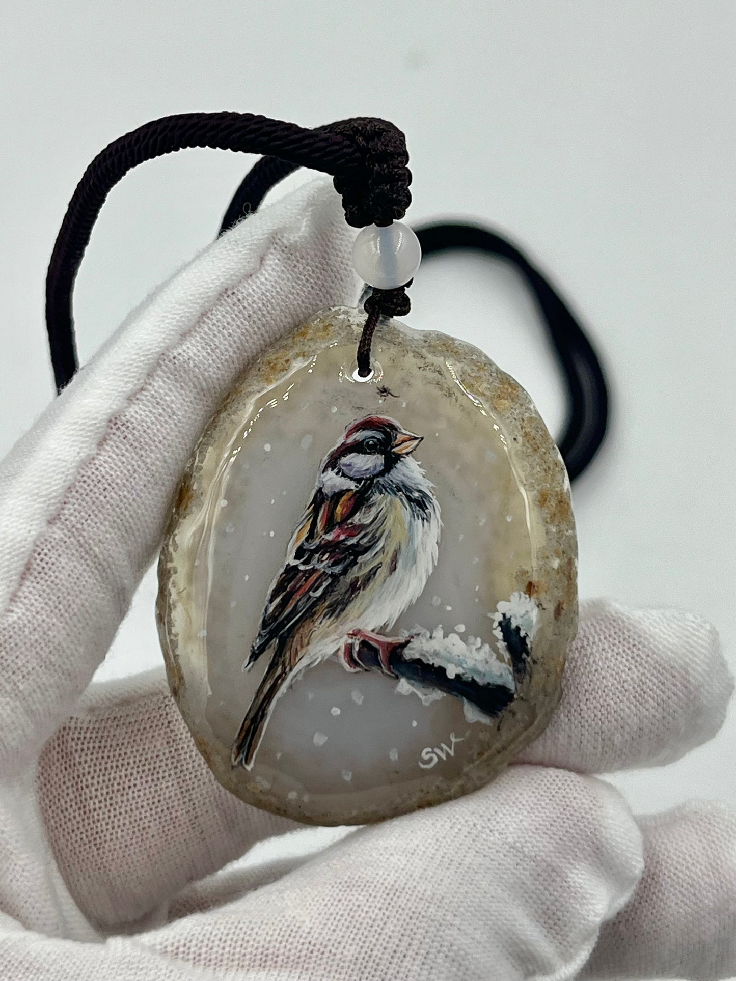 Einzigartige Anhänger /Der Spatz/Achat/Hand bemalt Juwelen und tragbare Kunst /Natur Schmuck