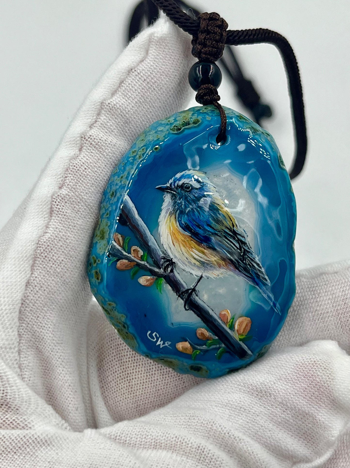 Einzigartige Anhänger /Slaty-blue Flycatcher/Achat/Hand bemalt Juwelen und tragbare Kunst /Natur Schmuck