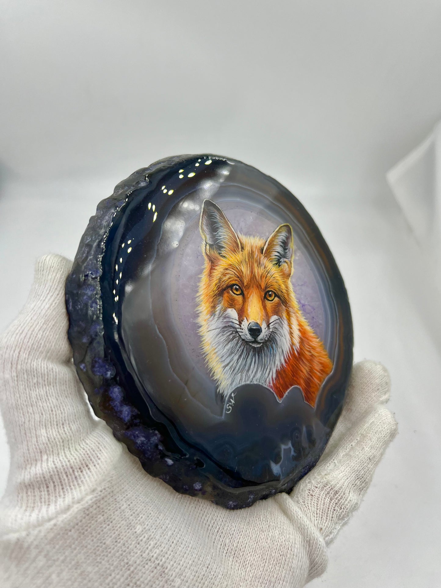 Einzigartige bemalt Achatscheibe/Der Fuchs /Hand bemalt /Deko/Tierpotrait/ink.Metallständer