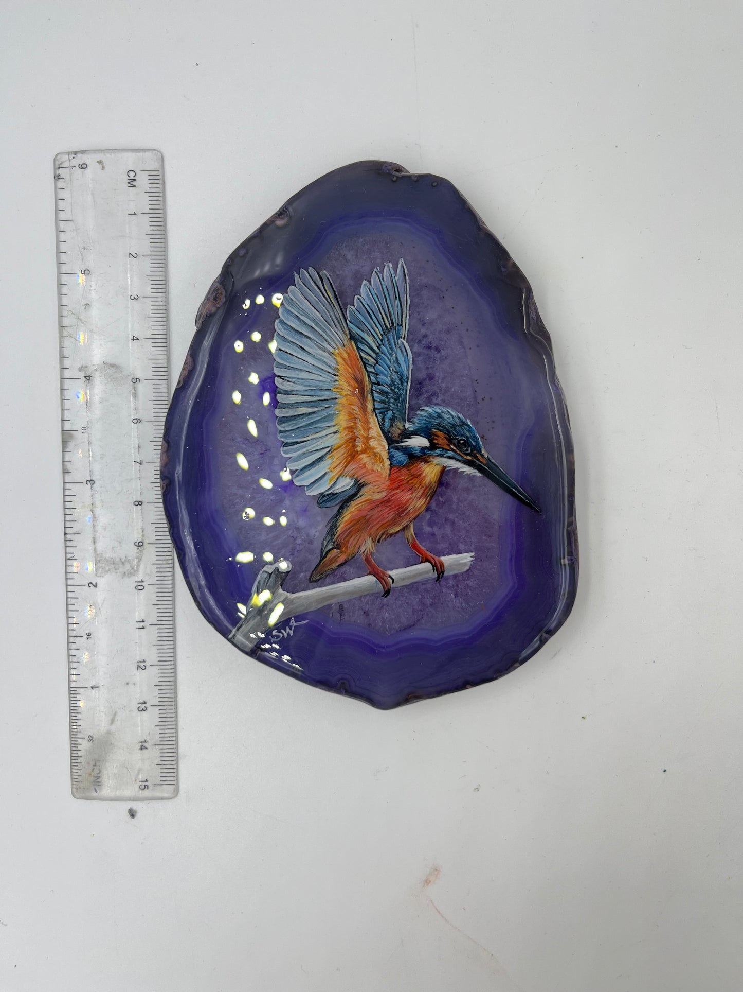 Einzigartige handbemalte Achatscheibe /der Eisvogel/ink.Metallständer