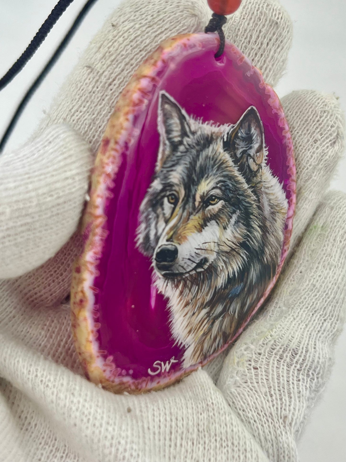 Einzigartige Anhänger /der Wolf/Achat/Hand bemalt