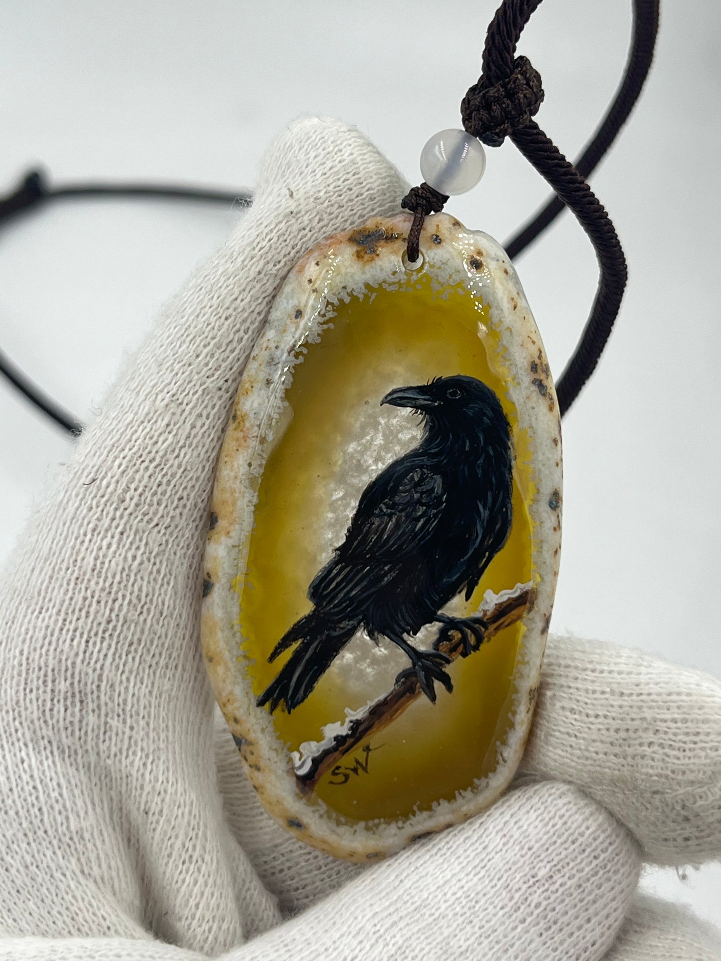 Einzigartige Anhänger /Die Krähe/Achat/Hand bemalt Juwelen und tragbare Kunst /Natur Schmuck