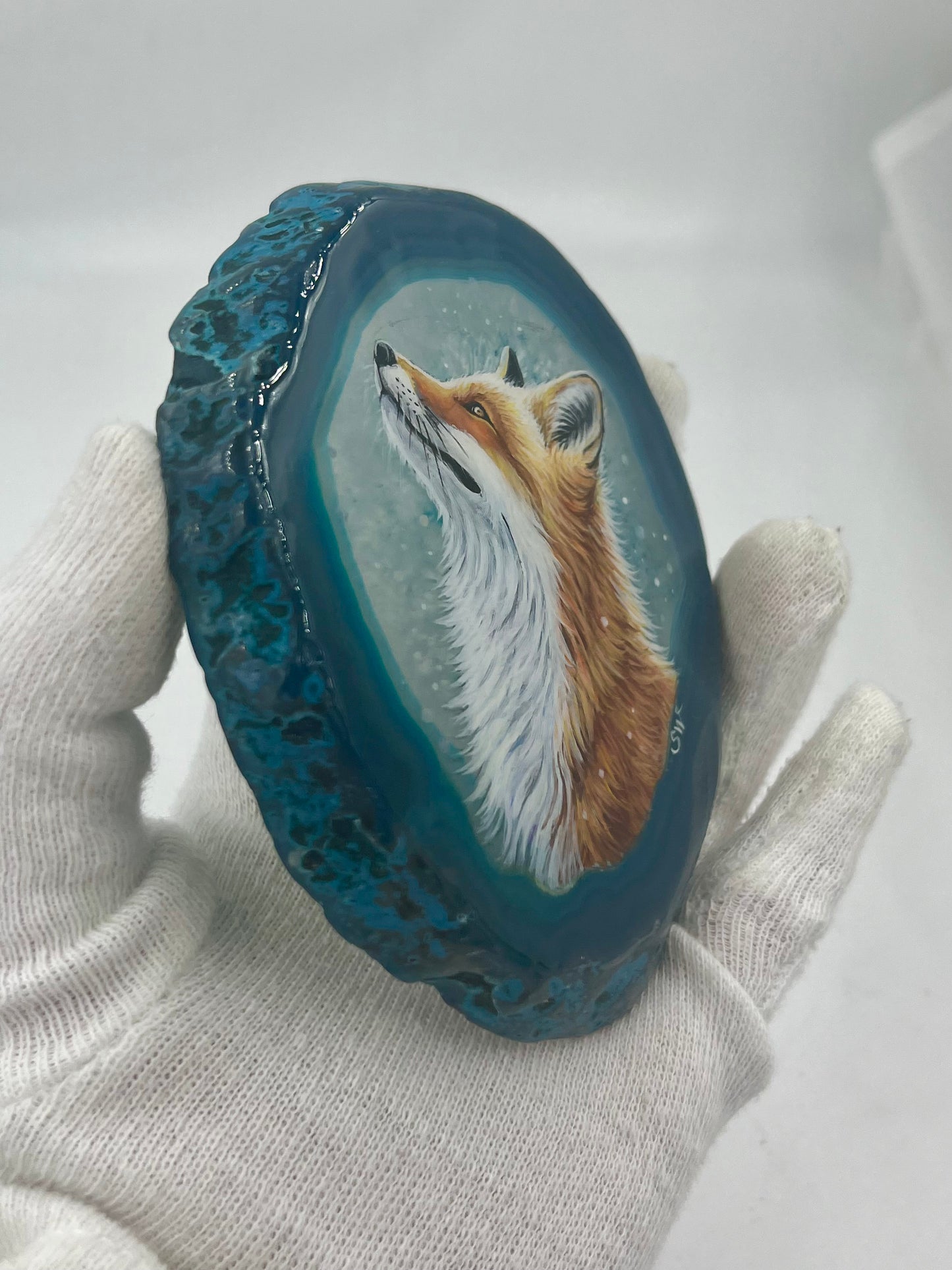 Einzigartige bemalt Achatscheibe/Der Fuchs /Hand bemalt /Deko/Tierpotrait/ink.Metallständer