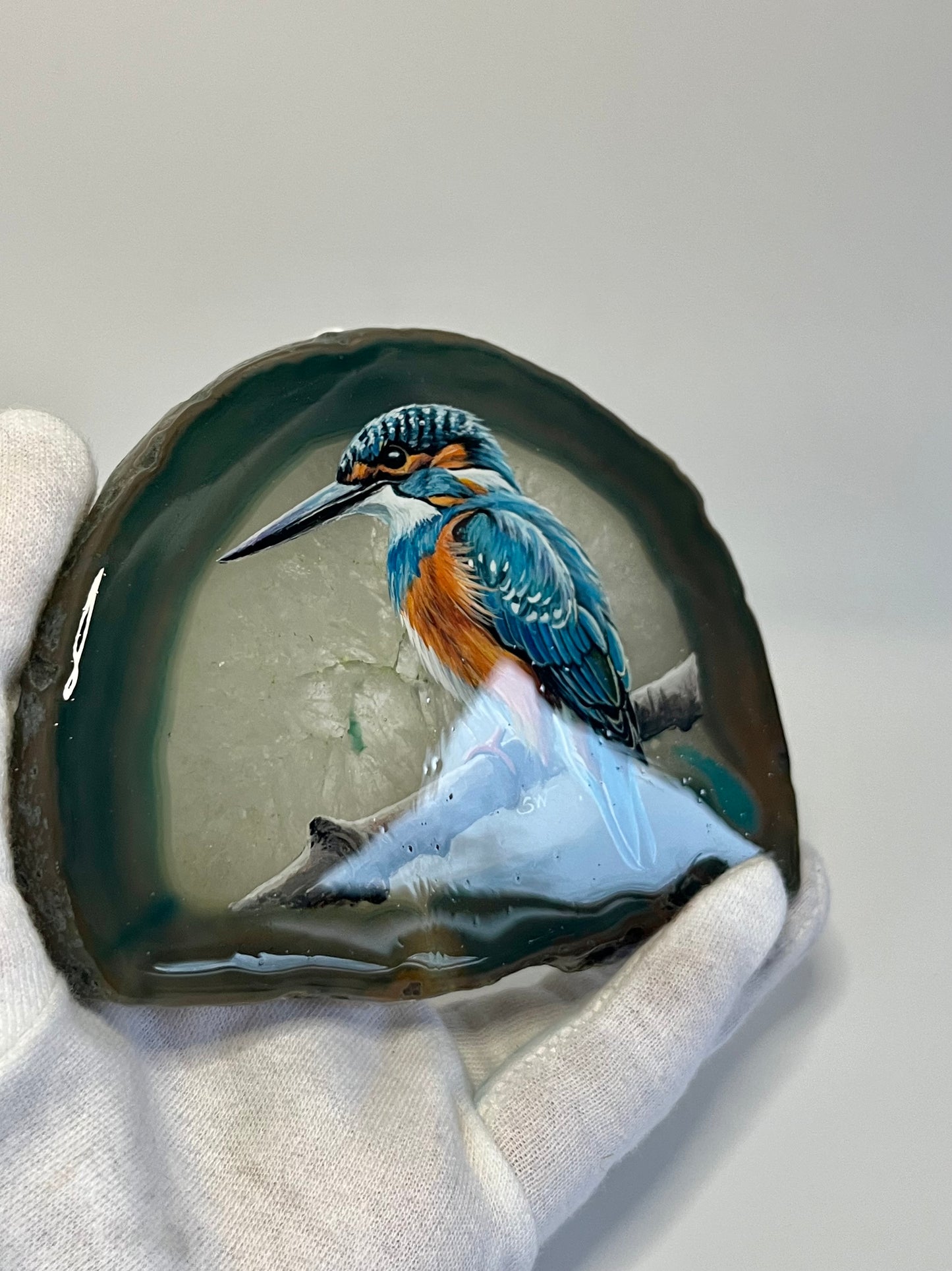 Einzigartige handbemalte Achatscheibe /der Eisvogel/ink.Metallständer