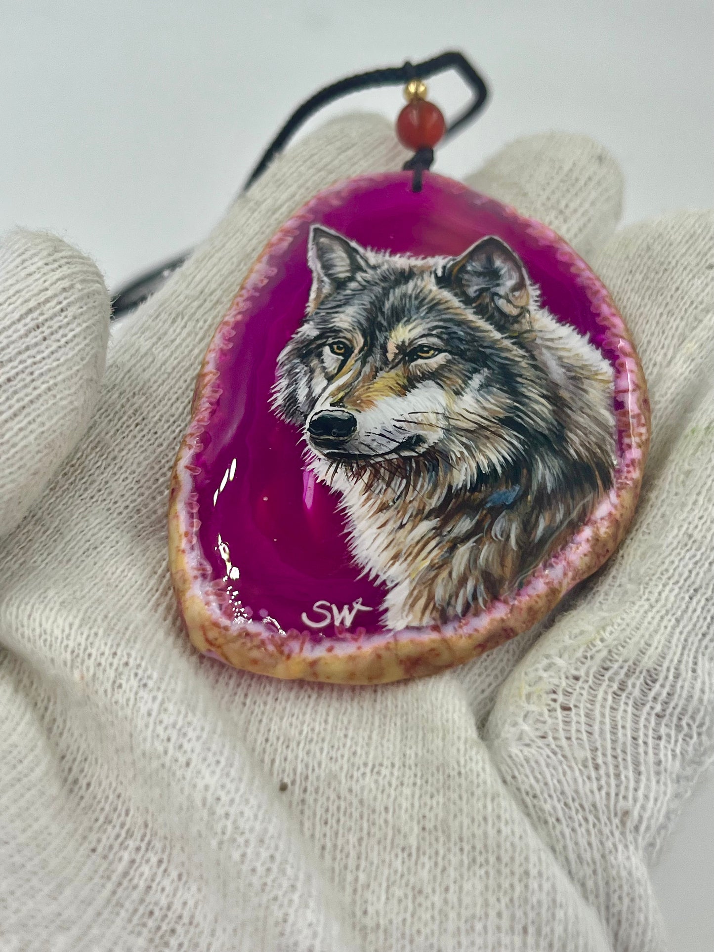 Einzigartige Anhänger /der Wolf/Achat/Hand bemalt