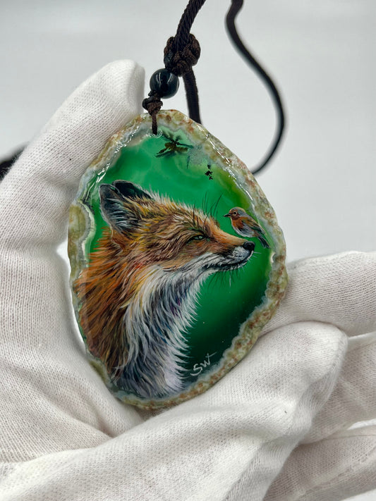 Einzigartige Anhänger /Fuchs und Vogel/Achat/Hand bemalt Juwelen und tragbare Kunst /Natur Schmuck