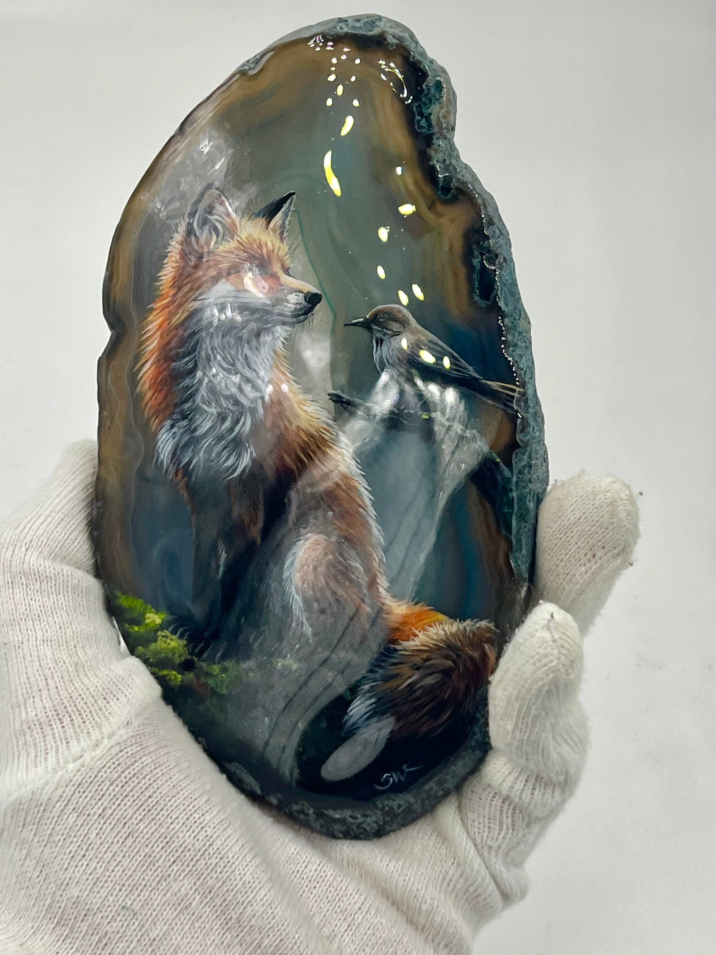 Einzigartige bemalt Achatscheibe/ Der Fuchs und der Vogel /Hand bemalt /Deko/Tierpotrait/ink.Metallständer