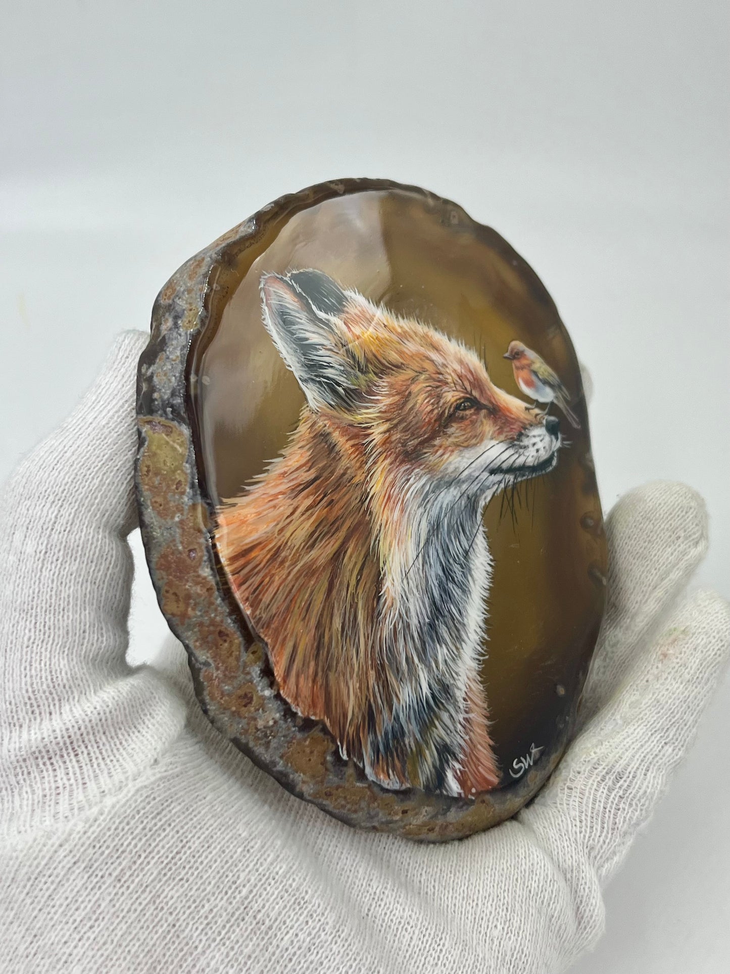 Einzigartige bemalt Achatscheibe/der Fuchs und der Vogel/Hand bemalt /Deko/Tierpotrait/ink.Metallständer