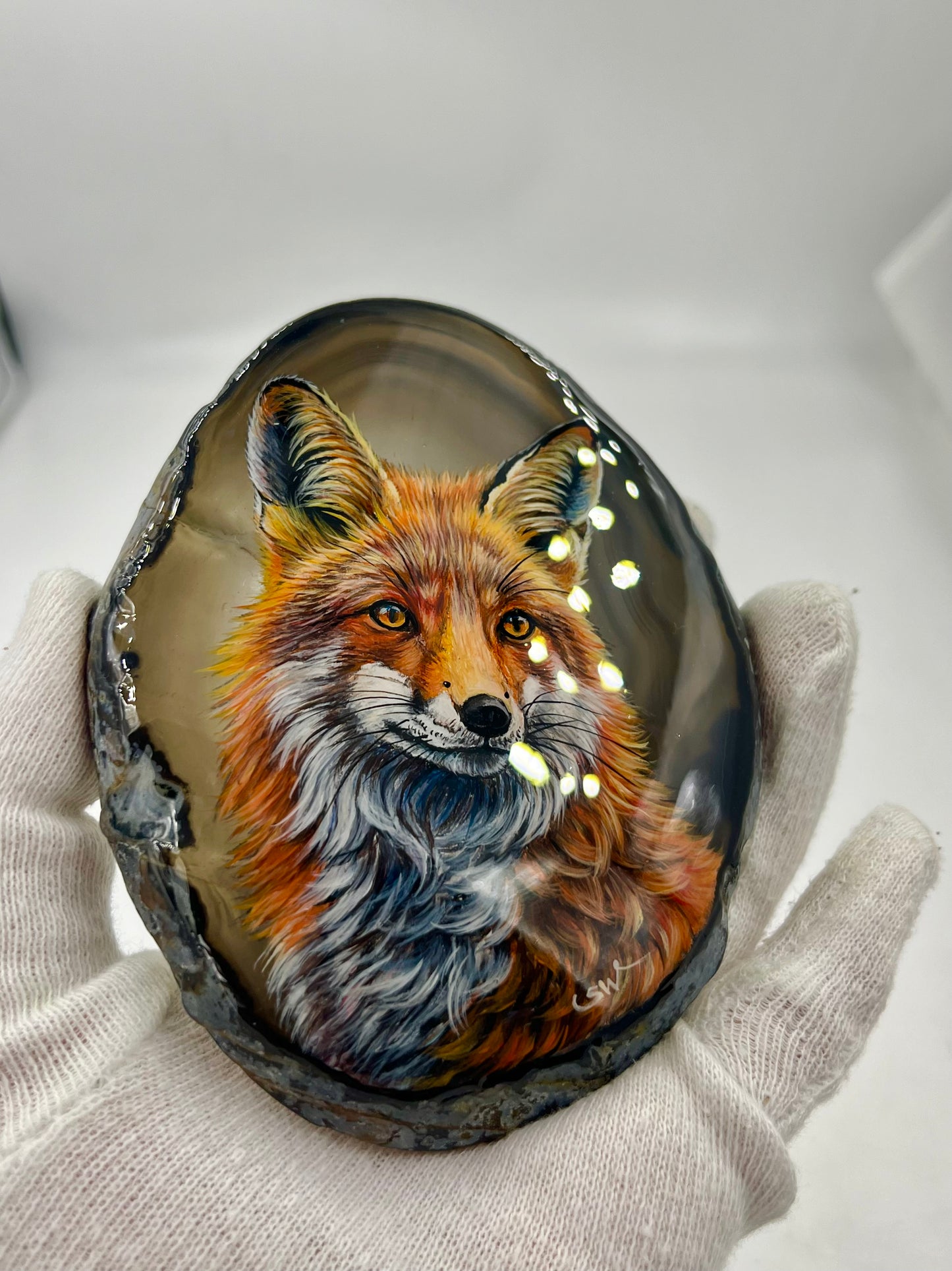 Einzigartige bemalt Achatscheibe/Der Fuchs /Hand bemalt /Deko/Tierpotrait/ink.Metallständer