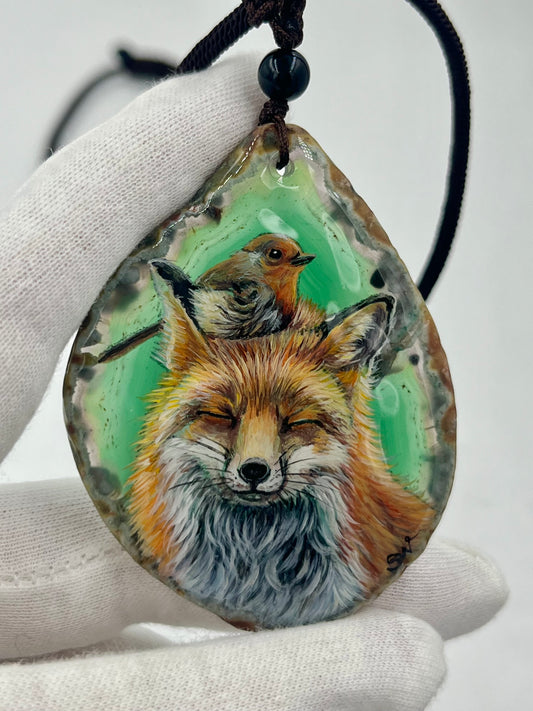 Einzigartige Anhänger /Fuchs und Vogel/Achat/Hand bemalt Juwelen und tragbare Kunst /Natur Schmuck