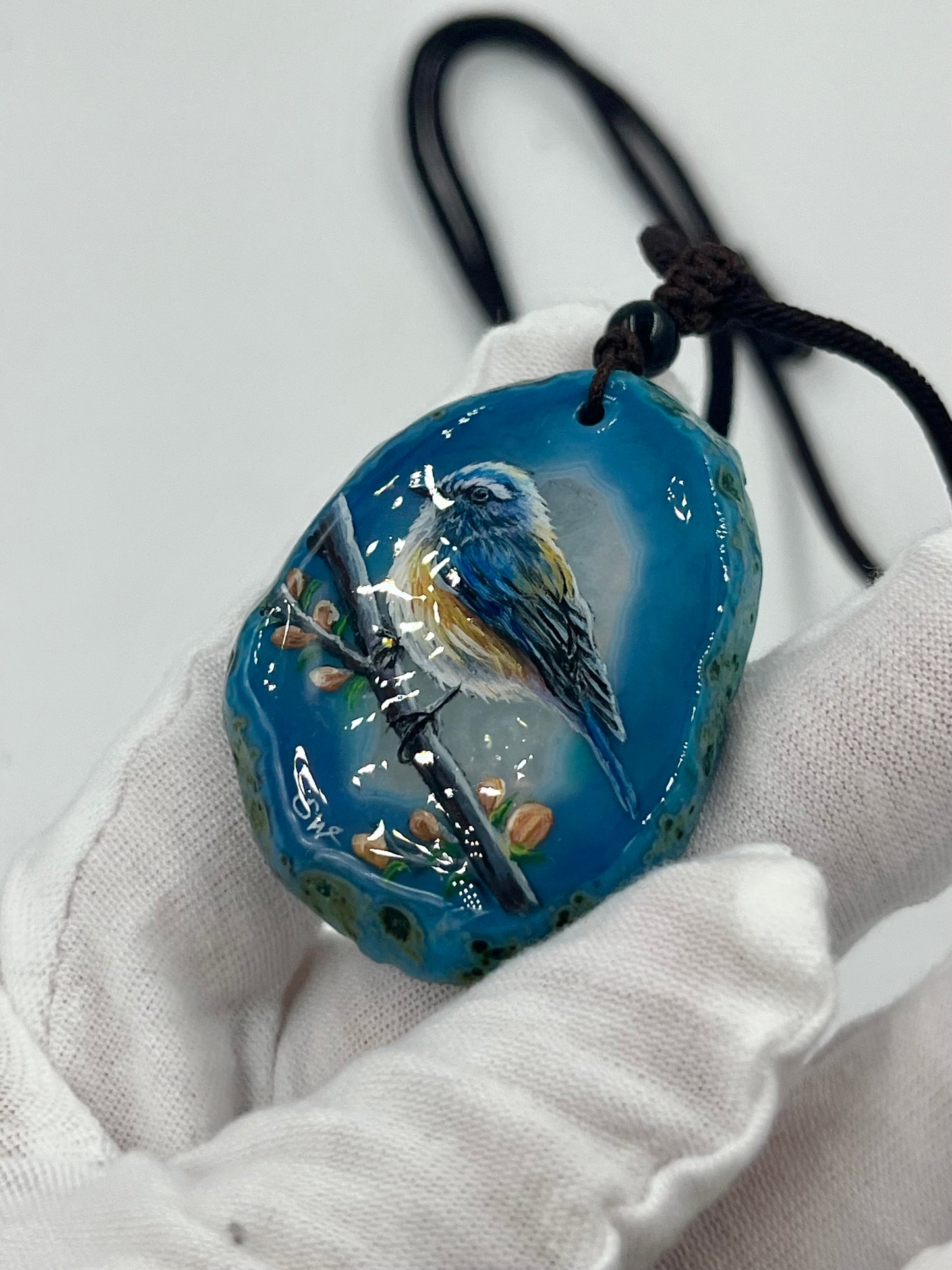 Einzigartige Anhänger /Slaty-blue Flycatcher/Achat/Hand bemalt Juwelen und tragbare Kunst /Natur Schmuck