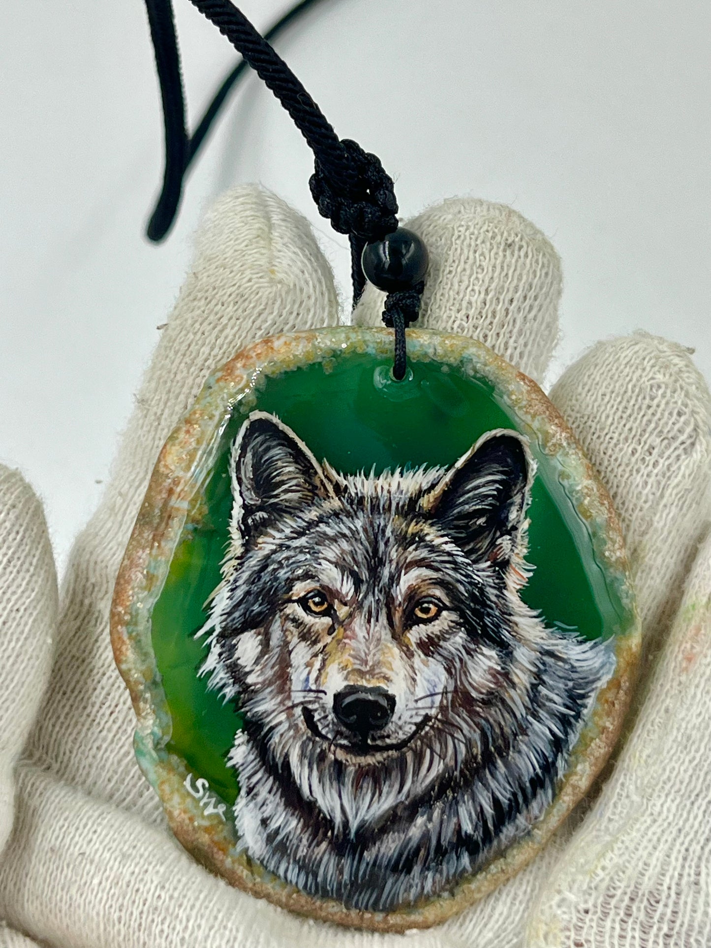 Einzigartige Anhänger /der Wolf/Achat/Hand bemalt