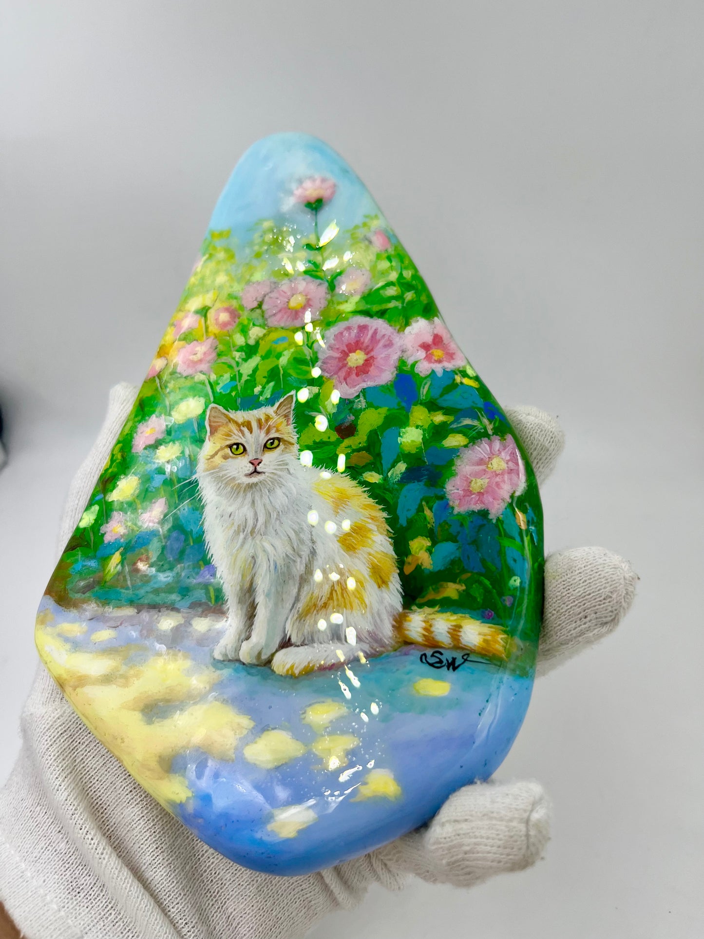 Einzigartig handbemalte Stein/die Katze/inklusive Tischstaffelei