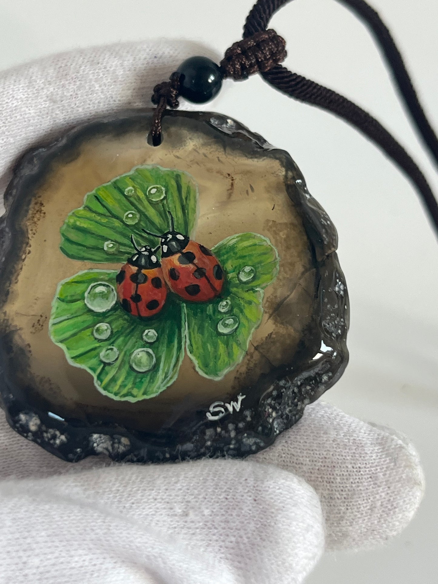Einzigartige Anhänger /zwei Marienkäfer/Achat/Hand bemalt Juwelen und tragbare Kunst /Natur Schmuck