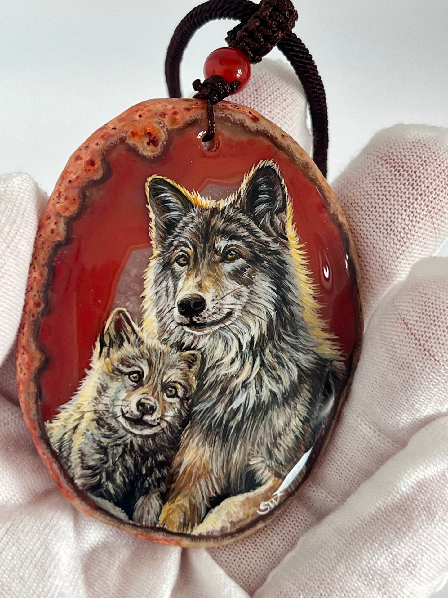 Einzigartige Anhänger /Wolfs Mama und KindAchat/Hand bemalt Juwelen und tragbare Kunst /Natur Schmuck