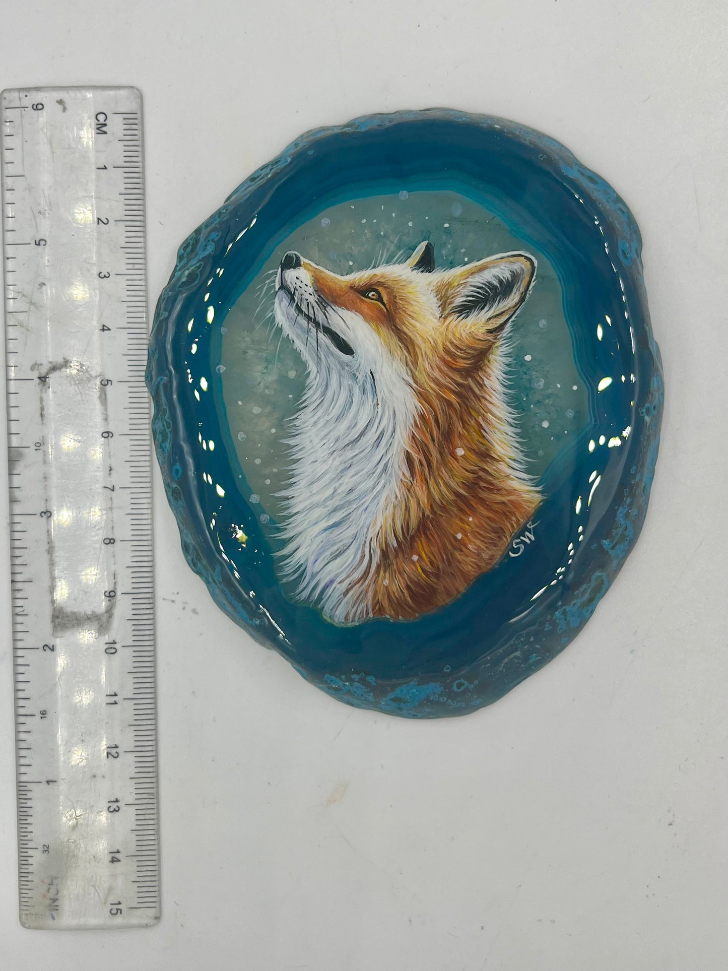 Einzigartige bemalt Achatscheibe/Der Fuchs /Hand bemalt /Deko/Tierpotrait/ink.Metallständer