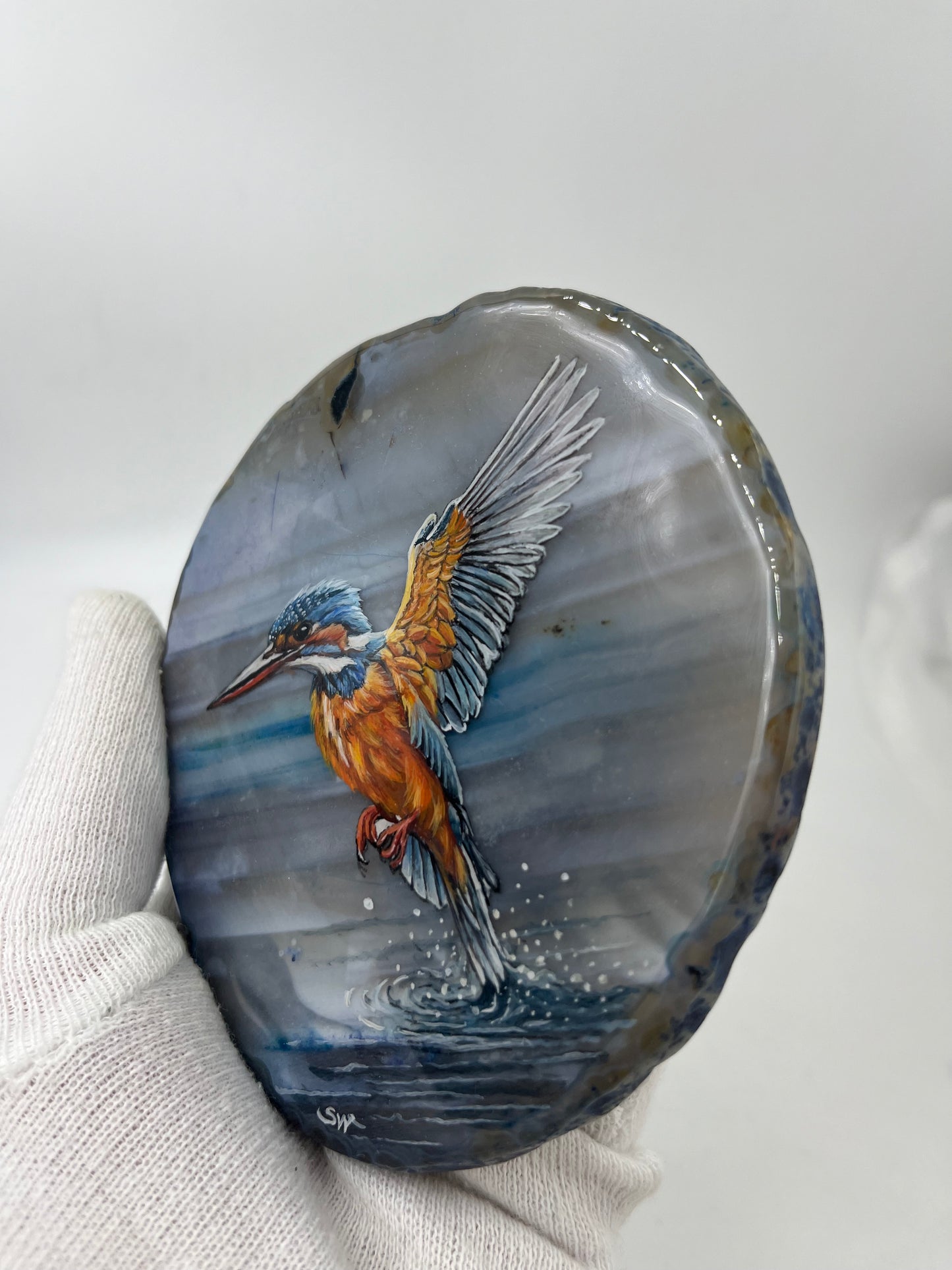 Einzigartige handbemalte Achatscheibe /der Eisvogel/ink.Metallständer